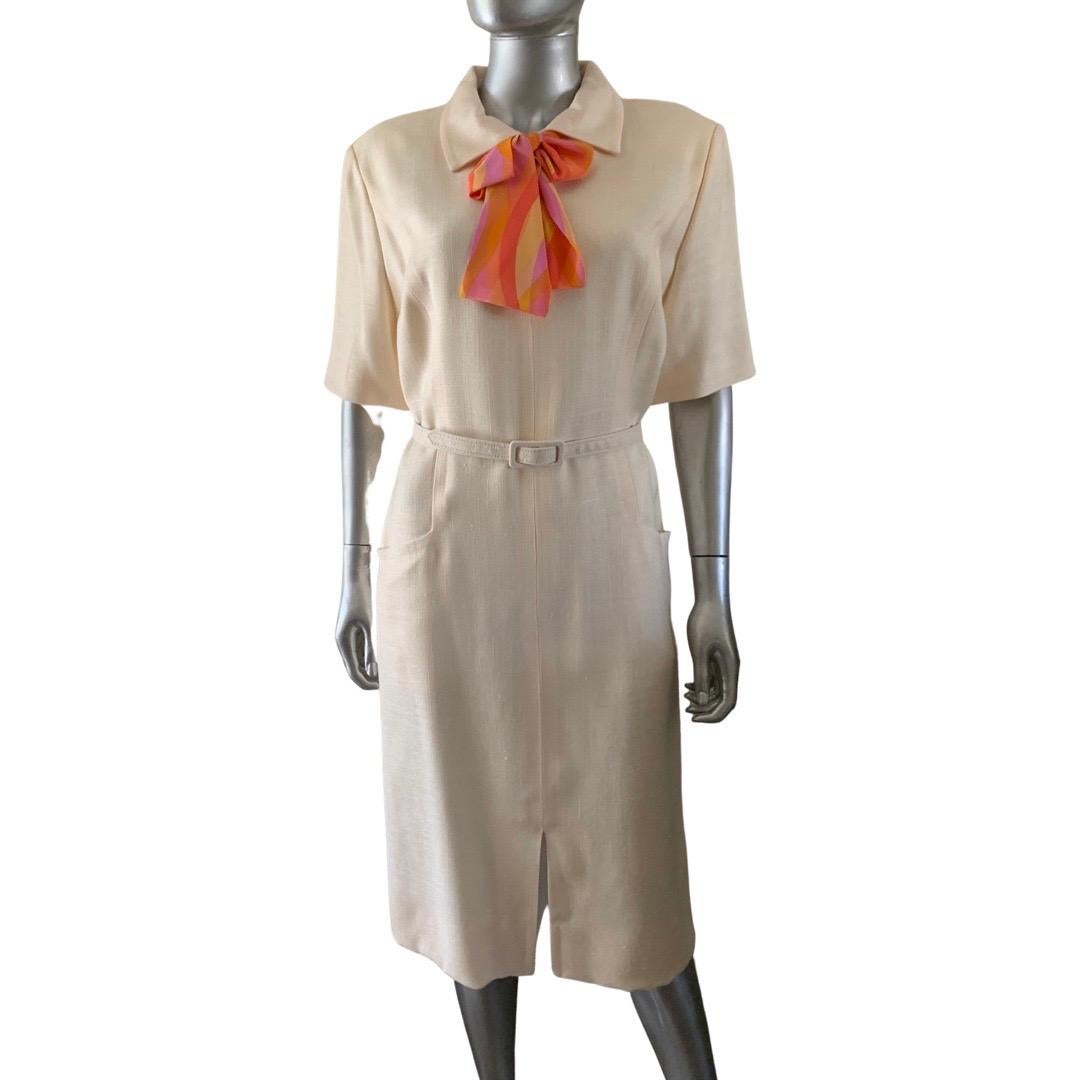 William Pearson Designer Collection Cream Linen Pussy Bow Chemise Dress Size 16 For Sale 3