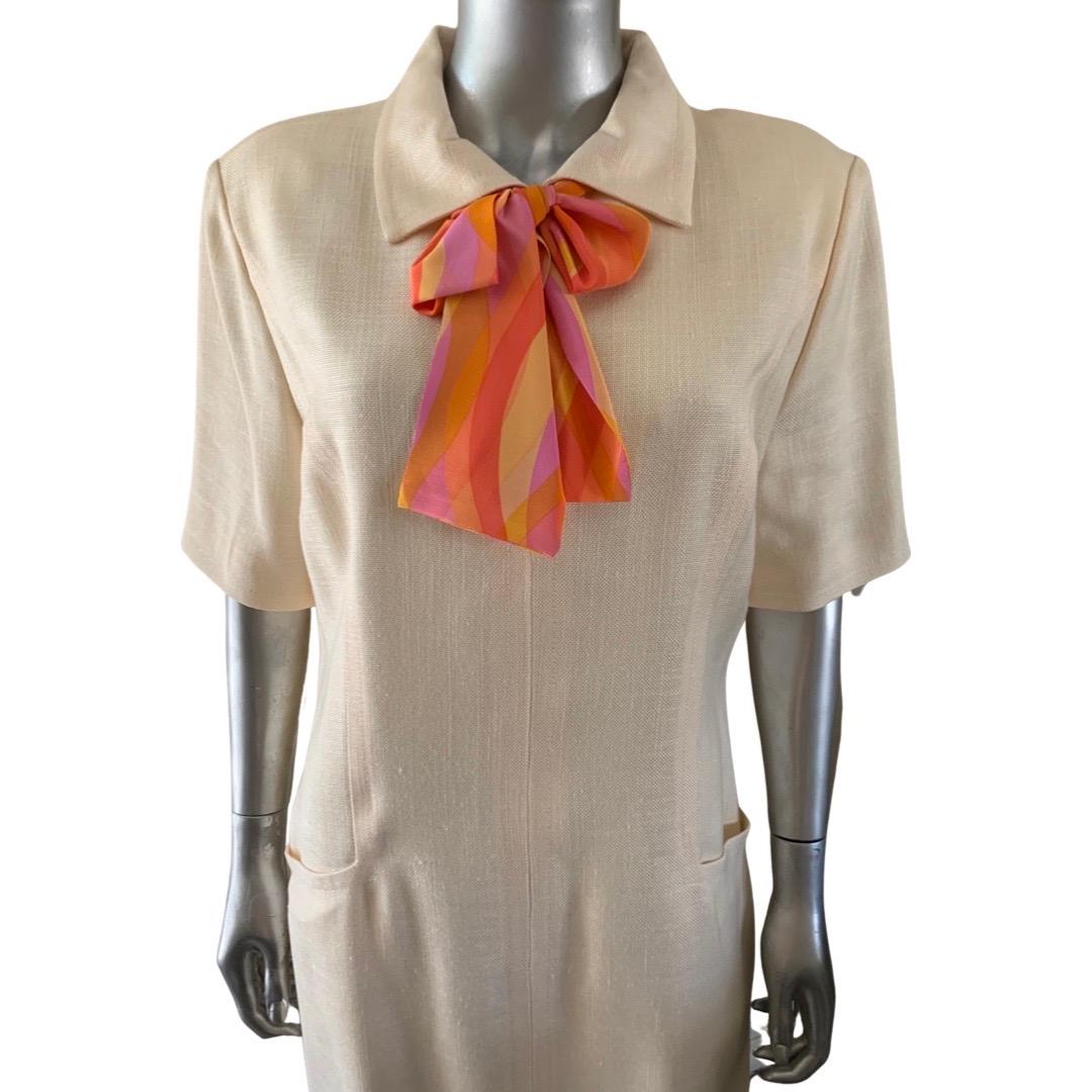 Brown William Pearson Designer Collection Cream Linen Pussy Bow Chemise Dress Size 16 For Sale