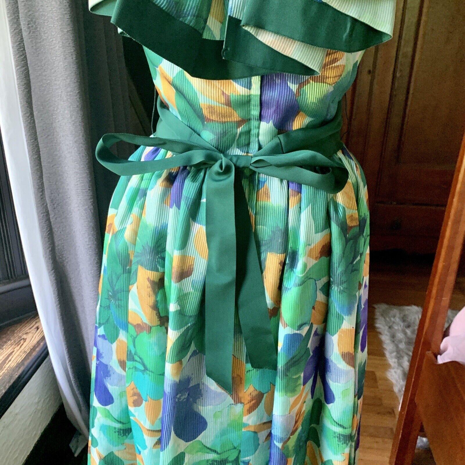 WILLIAM PEARSON Designer Vintage Floral Green Dress Ribbon Ruffle Off Shoulder 8 For Sale 2