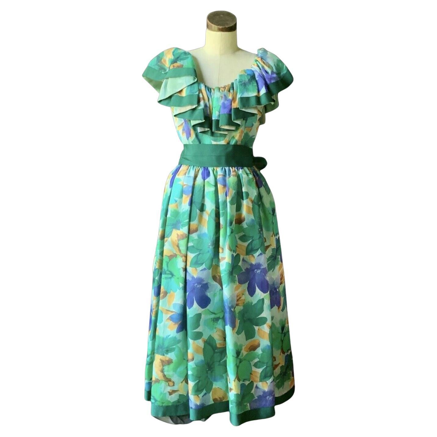 WILLIAM PEARSON Designer Vintage Floral Green Dress Ribbon Ruffle Off Shoulder 8 For Sale