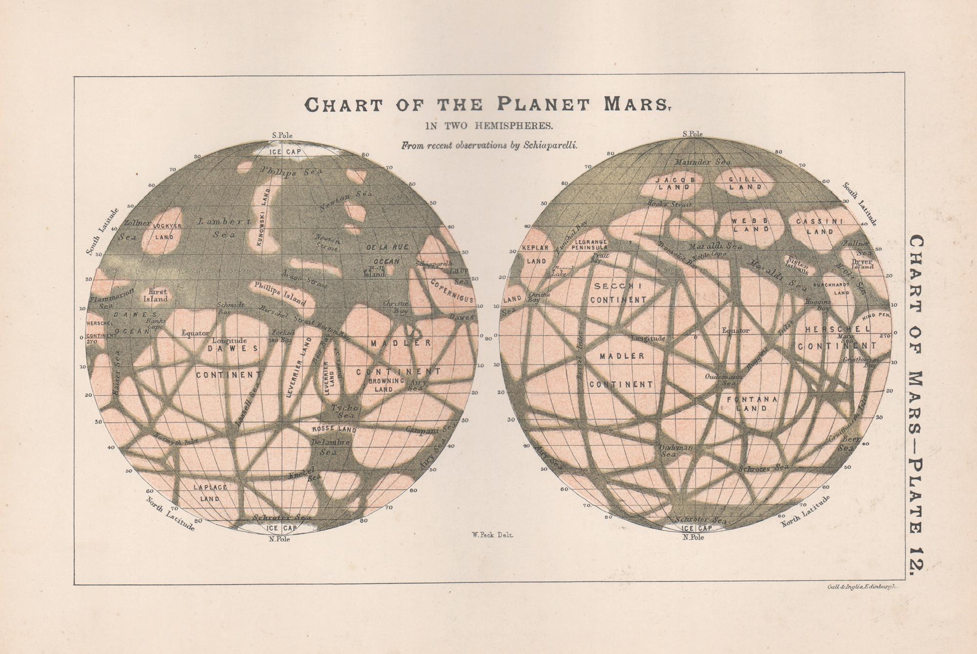 William Peck Print – Das Diagramm des Planeten Mars, in zwei Hemisphären. Antike Astronomie Planet drucken