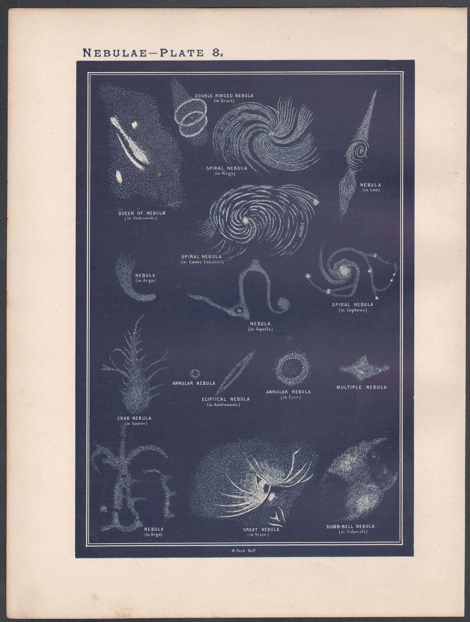 Nebelfelder. Antiker Astronomie-Druck – Print von William Peck