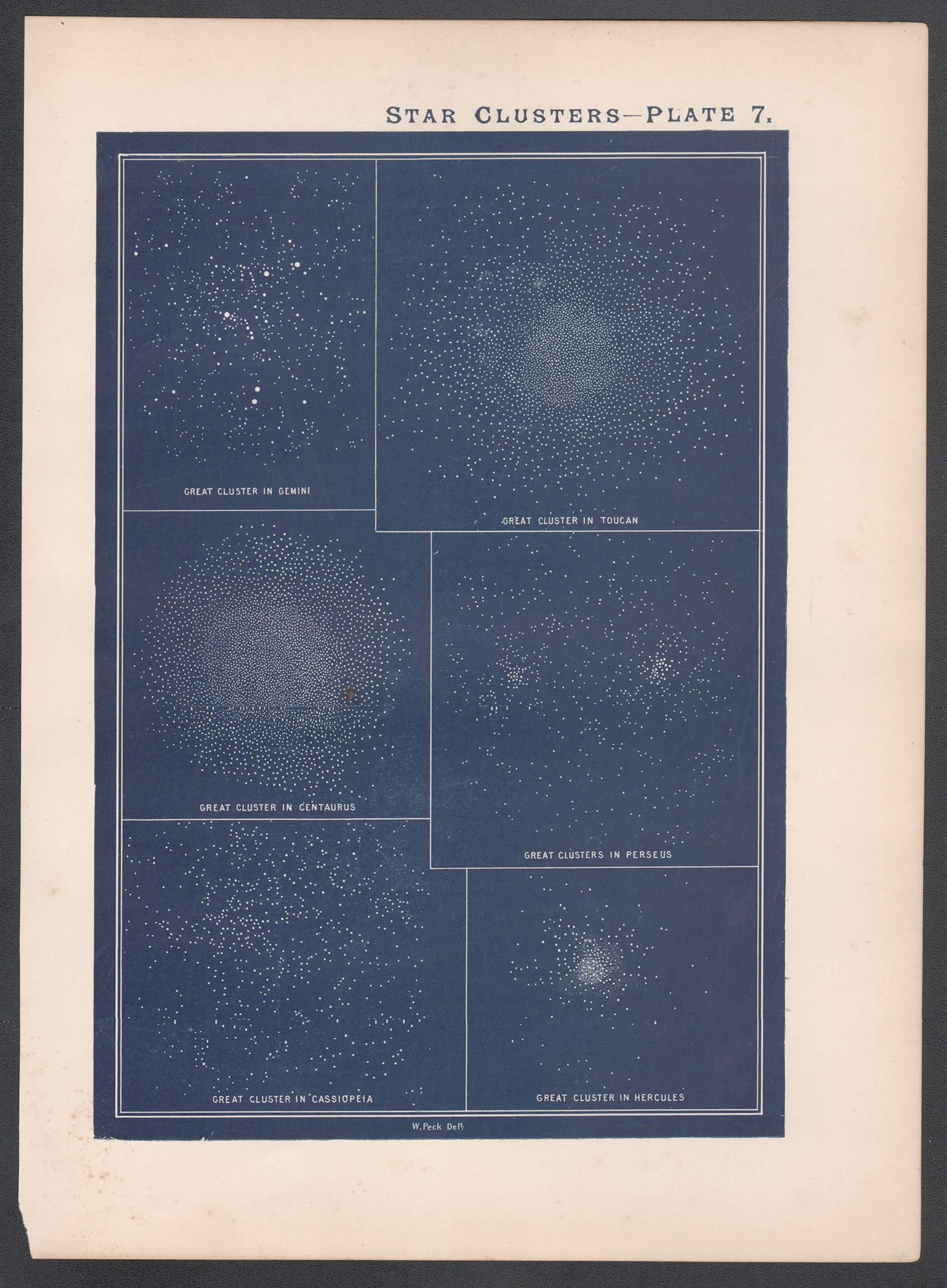 Sternhaufen. Antiker Astronomie-Druck – Print von William Peck