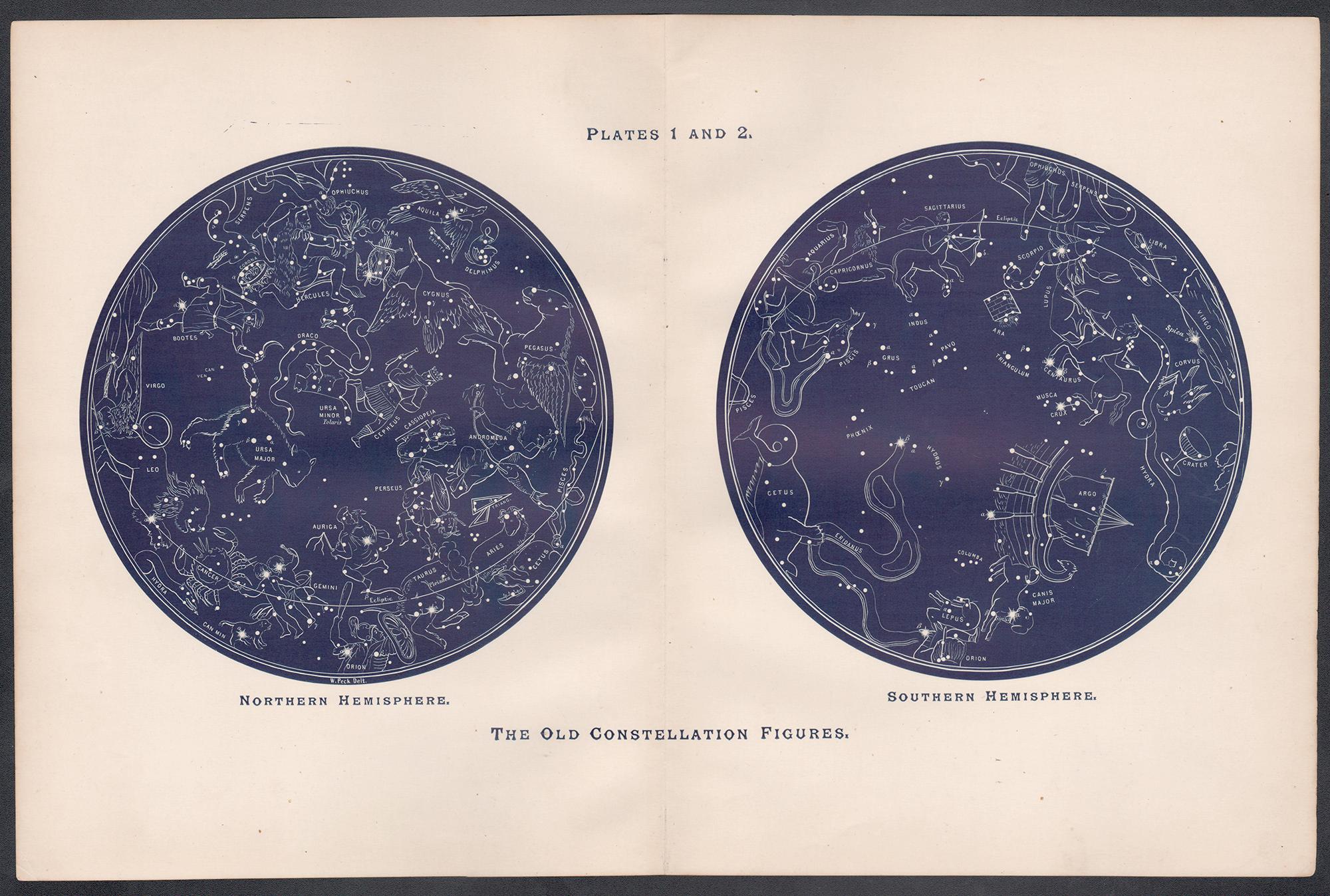 The Old Constellation Figures. Astronomy map of the stars. - Print by William Peck
