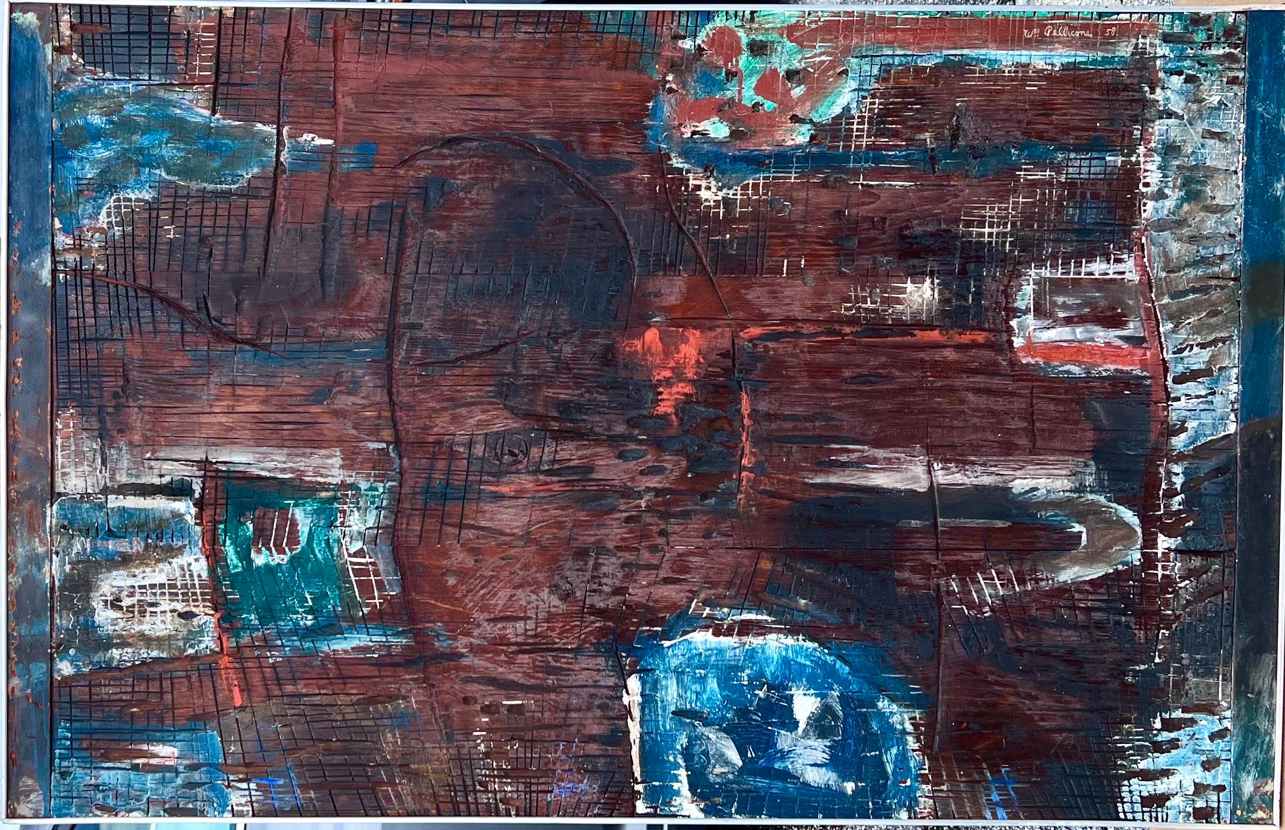 
William Pellicone (Amerikaner 1915-2004) 
Gemischte Medien, Pyrographie, Öl auf Holzschnitzerei, Malerei. Datiert 1958
Titel - Enthymeme #14. 
Ölgemälde auf geschnitzter und gebrannter Holzplatte. 
Beschriftet verso Enthymeme Wm. Pellicone #14,