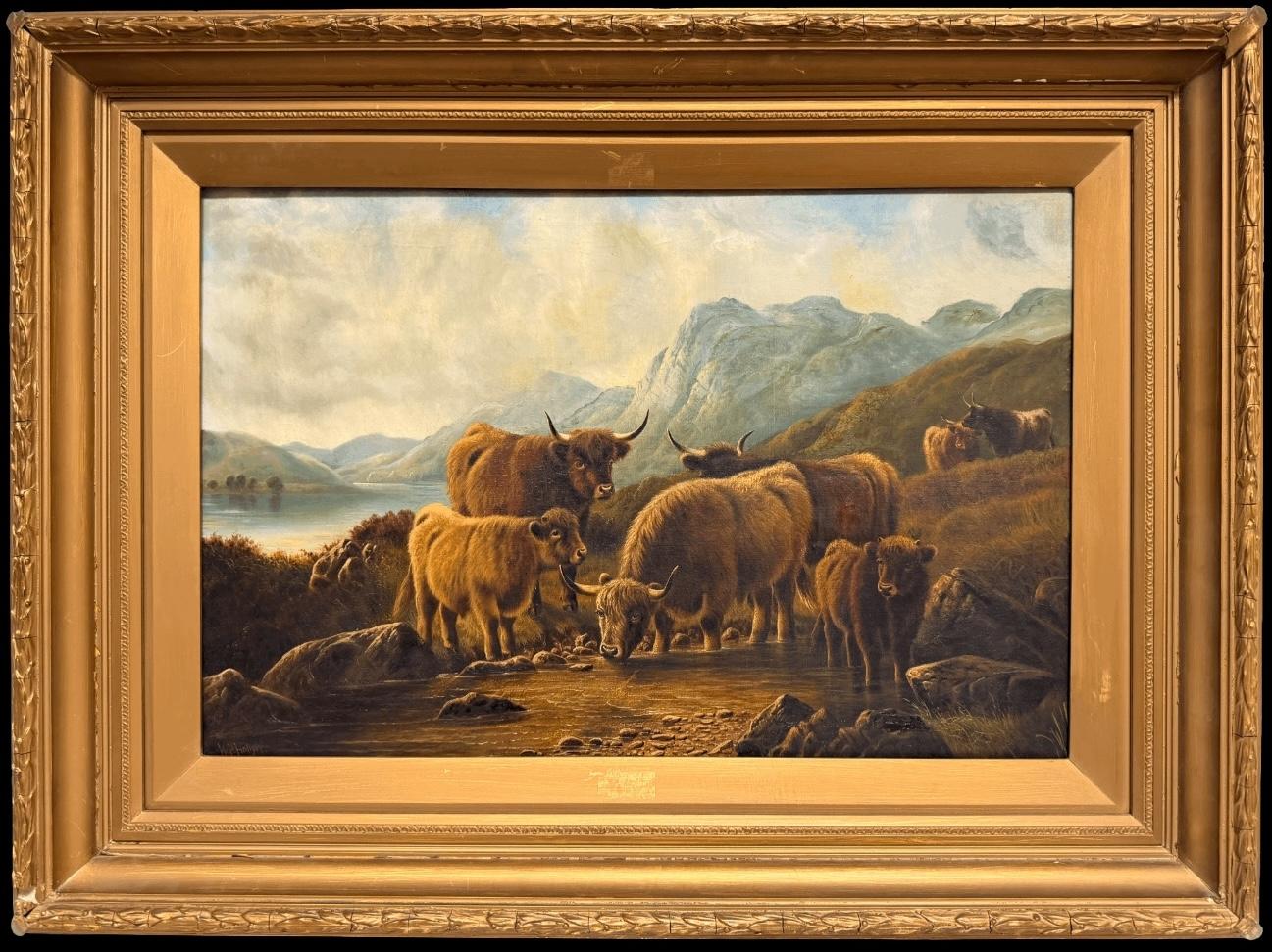 Fine Victorian Highland Landscape Cattle & Calfs Drinking at Mountain Stream (Bovins et veaux s'abreuvant à un ruisseau de montagne)