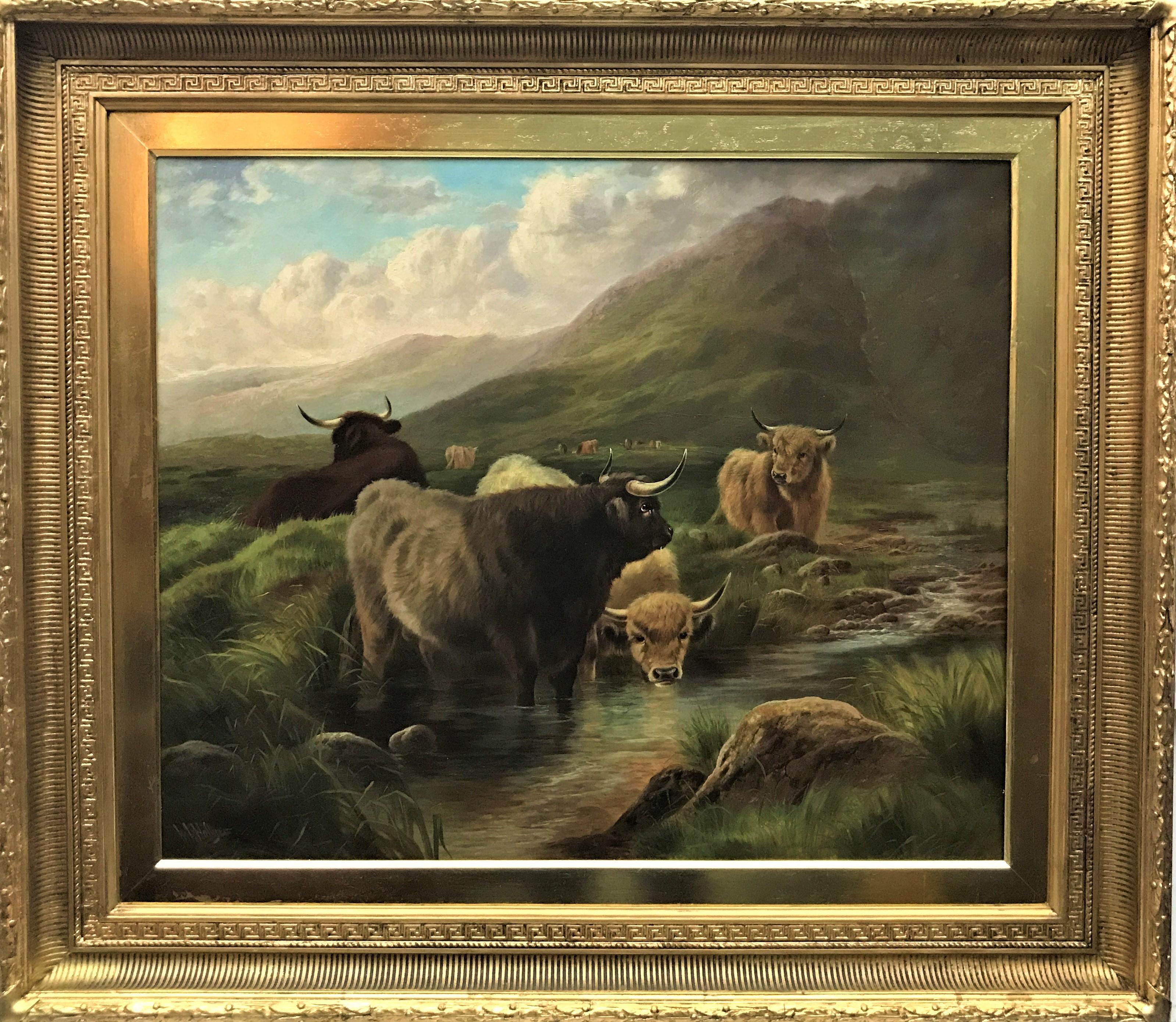Highland Cattle in a Mountain Glen, original oil on canvas, 19thC British - Painting by William Perring Hollyer