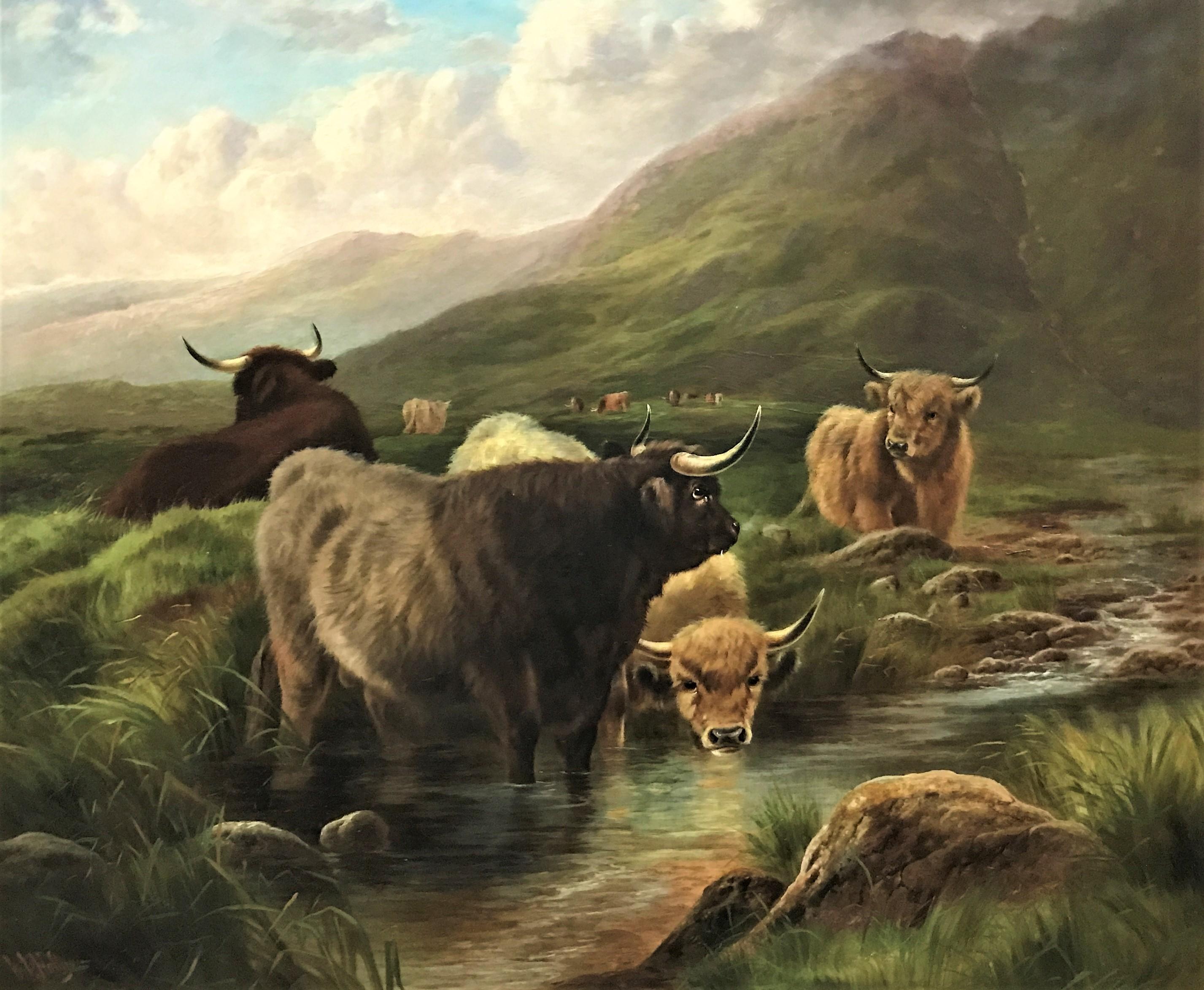 Animal Painting William Perring Hollyer - Bouteille des Highlands dans un Glen de montagne, huile sur toile originale, Royaume-Uni du 19e siècle