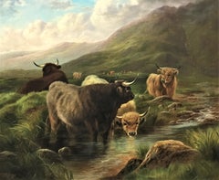 Antique Highland Cattle in a Mountain Glen, original oil on canvas, 19thC British
