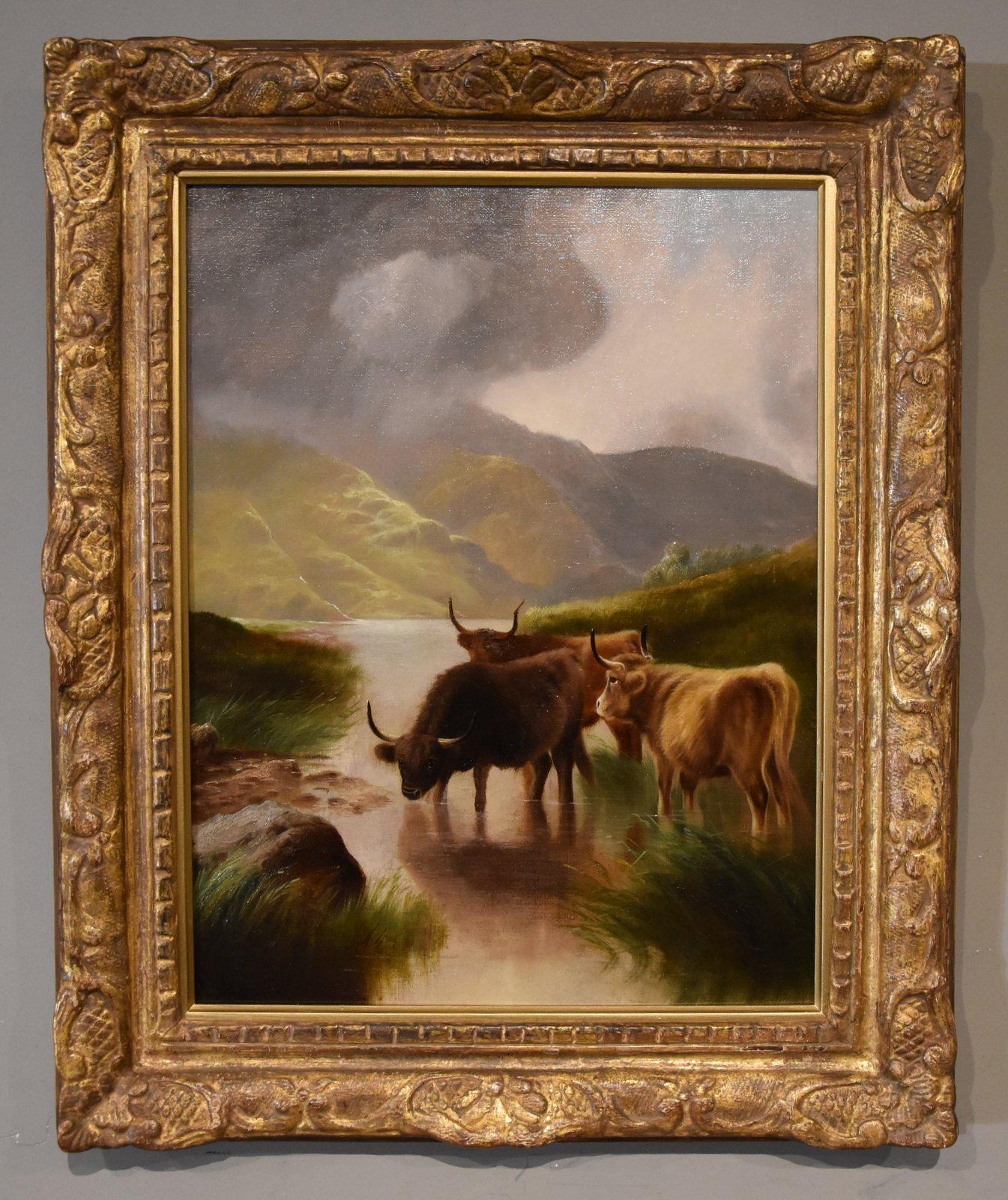 Pittura a olio di William Perring Hollyer  "Cattle in a Highland Glen" 1834 - 1922 Pittore di scene suggestive delle Highlands in Scozia e nel Galles del Nord, rappresentato nei musei di Kendall, Newcastle e Warrington. Olio su tela.