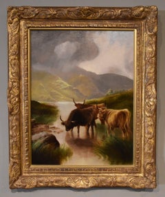 Peinture à l'huile de William Perring Hollyer  « Cattle in a Highland Glen »
