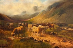 Paysage écossais victorien traditionnel des Highlands Bétail sur un chemin de montagne Crépuscule