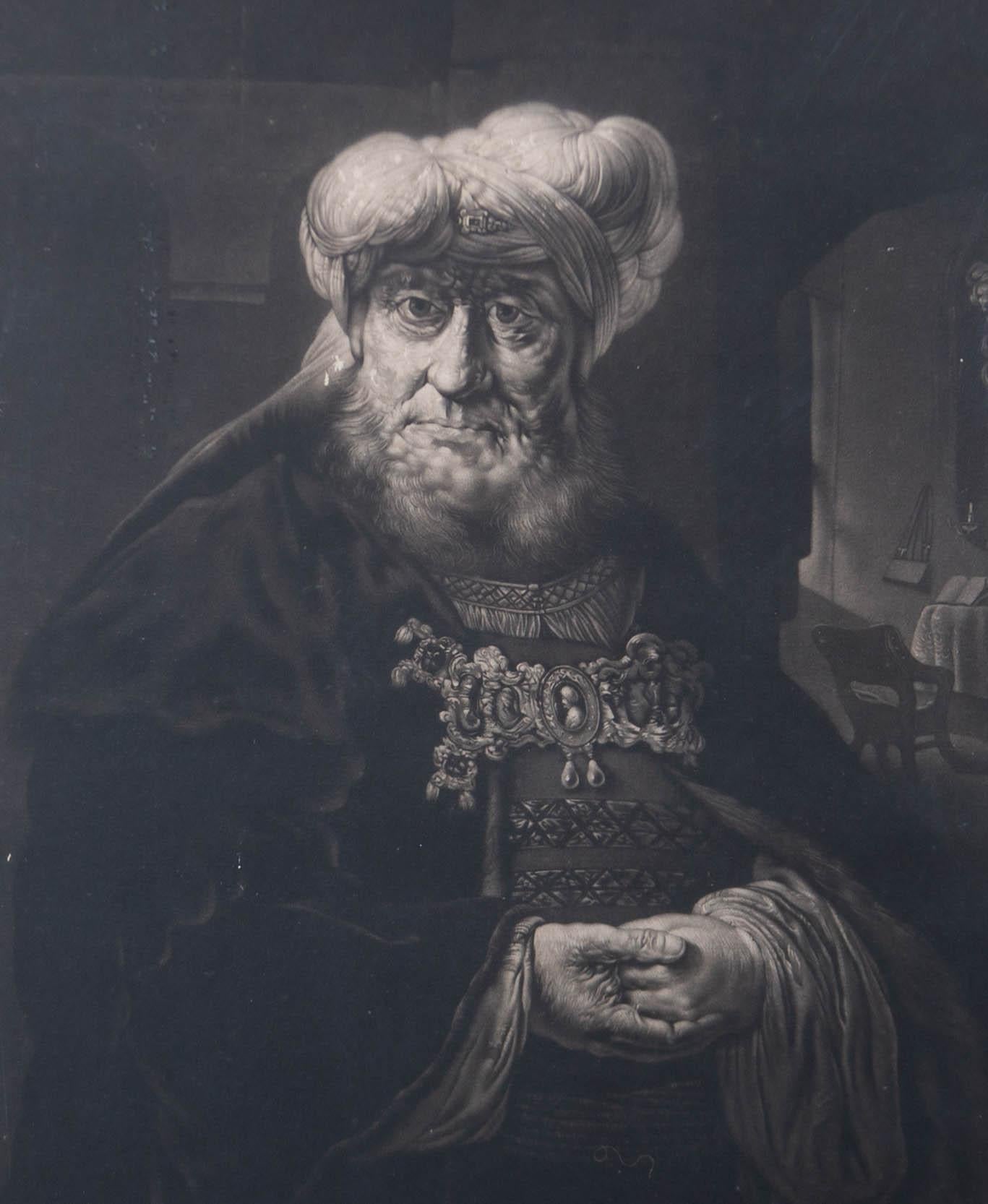 William Pether nach Rembrandt van Rijn - 1778 Mezzotint, Der Kaninchen (Schwarz), Portrait Print, von William Pether after Rembrandt van Rijn