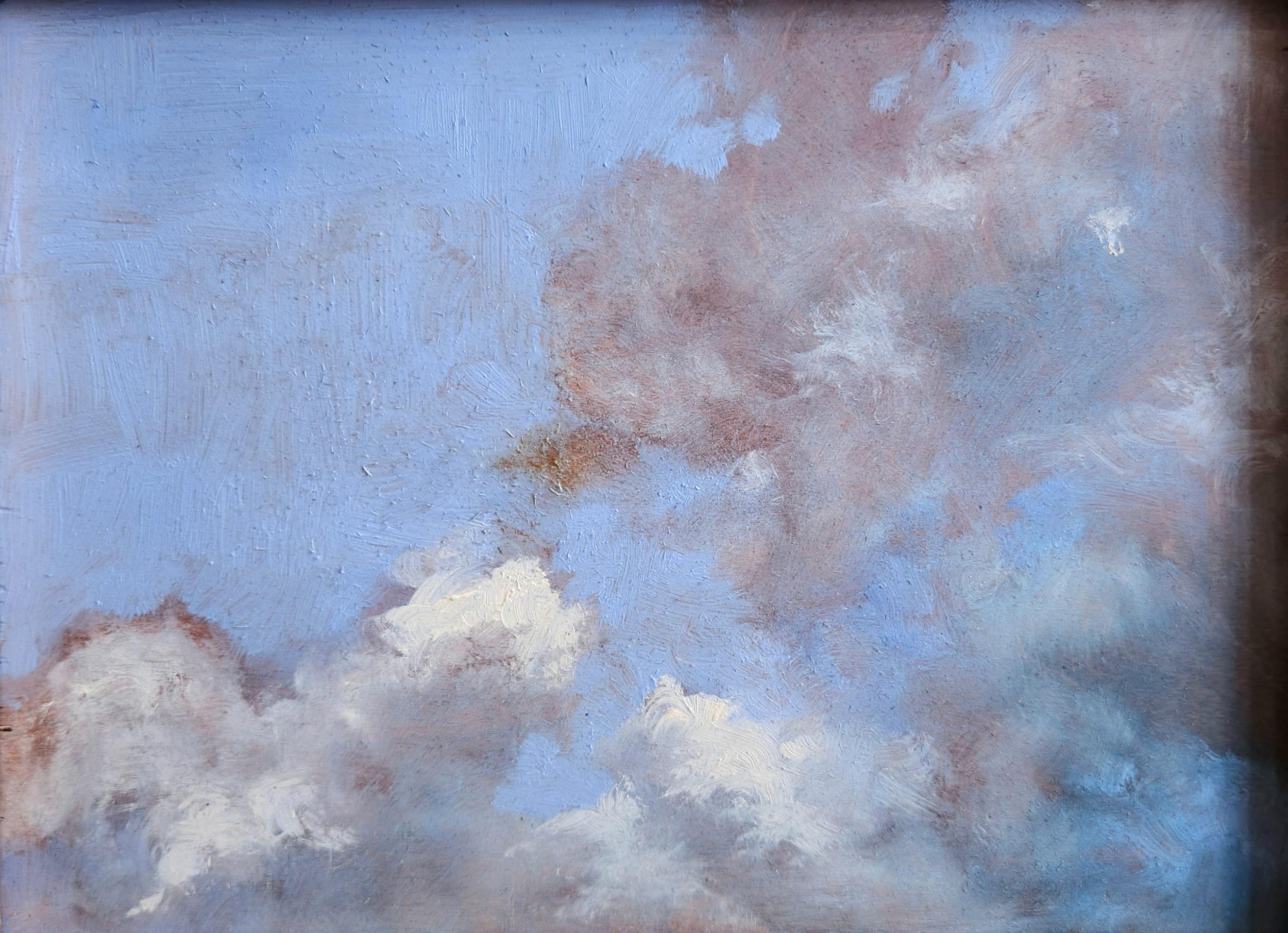 This oil on canvas painting shows a beautiful scene of a summer sky. A bright blue sky sets the background for wonderful clouds that vary from bright white to deep blue and gray. The painting evokes the feeling of a warm and leisurely summer