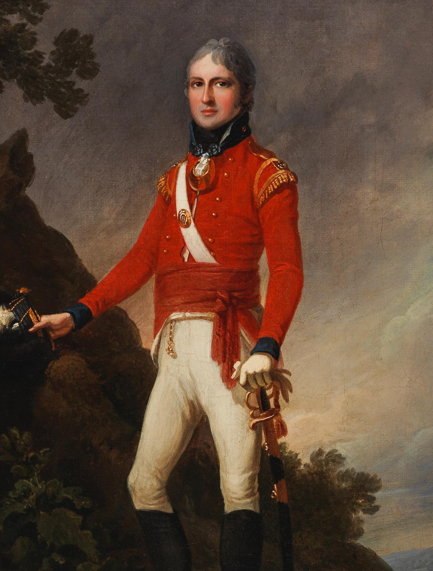 Portrait of Sir Walter Stirling 1st Baronet, Signed & Dated 1800
By William Philip James Lodder (Loder) (active 1783-1805)

On a hillside and under a moody sky, this exquisite portrait depicts a dashing young officer proudly wearing an elaborate