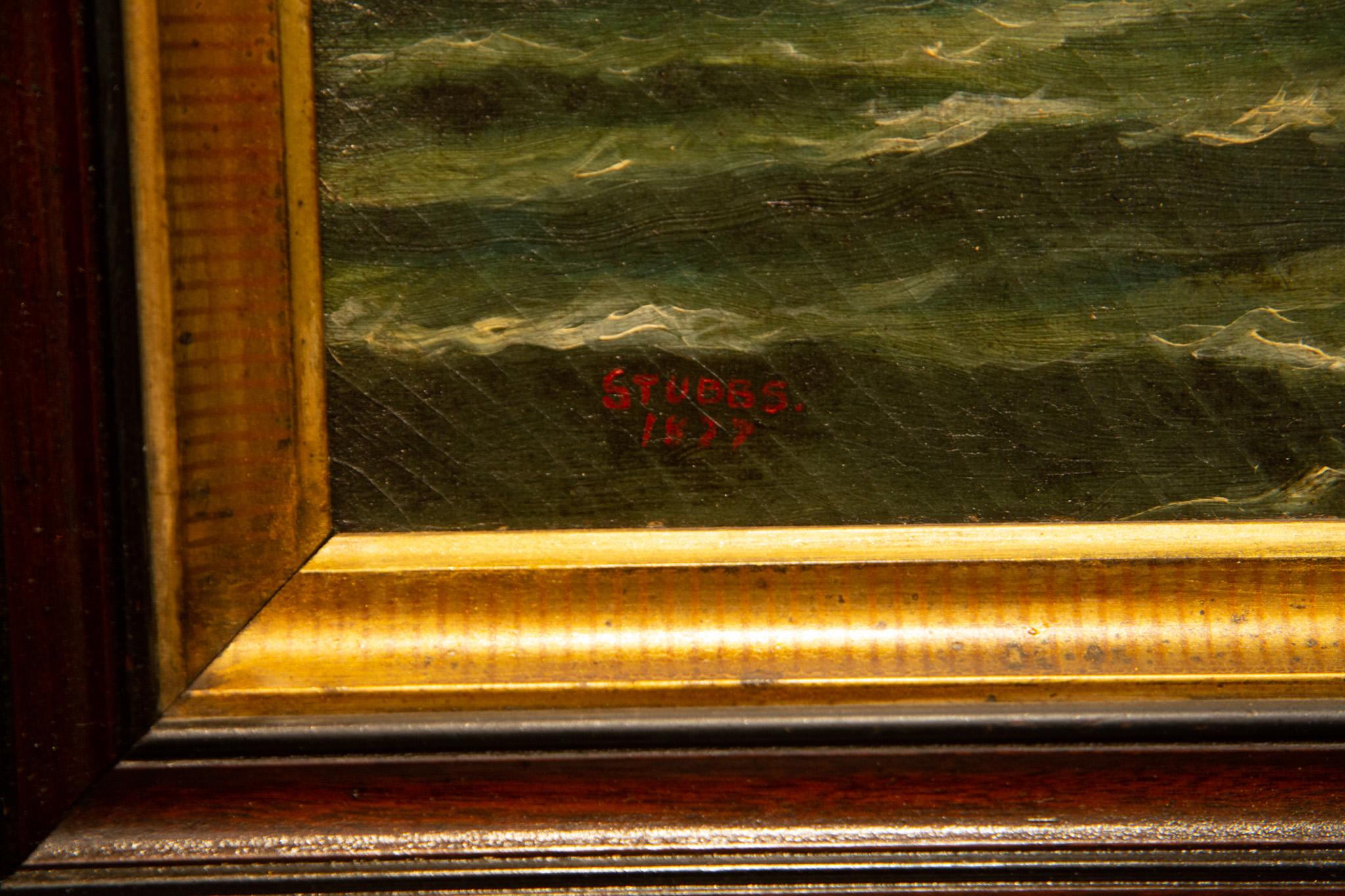 Portrait of the Schooner G.F. Hathaway. Dated 1877. Oil on canvas portrait of the 2-masted schooner G.F. Hathaway of St. John, New Brunswick under sail passing a lighthouse. signed and dated lower left. Sight size 20