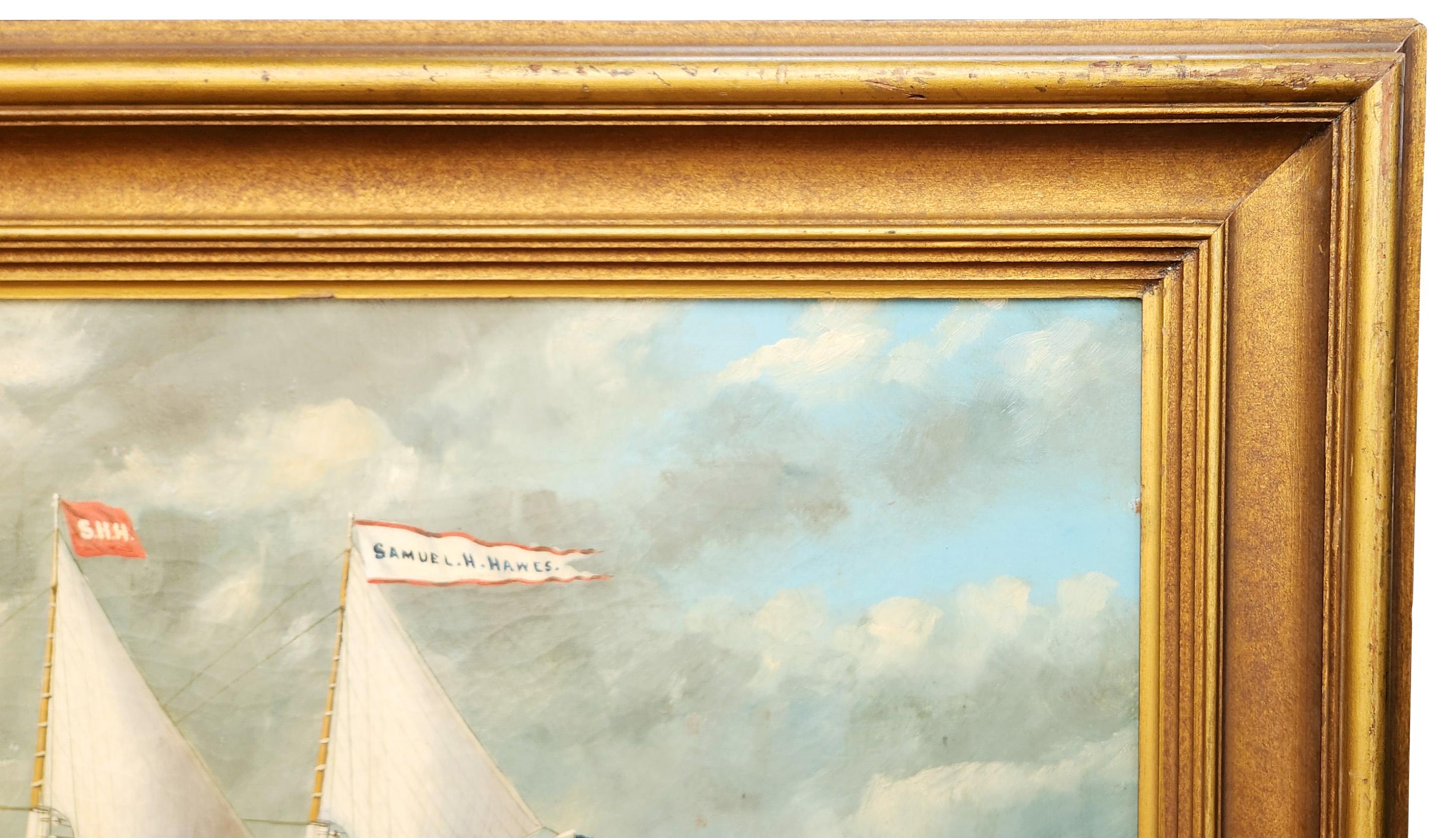 This 3 masted schooner, was one of the fastest vessels in the 1880s. Traveling through New England, Stubbs was a known figure painting in the regular ports along the coast. This oil is in excellent condition on a bright and breezy day. A light chop