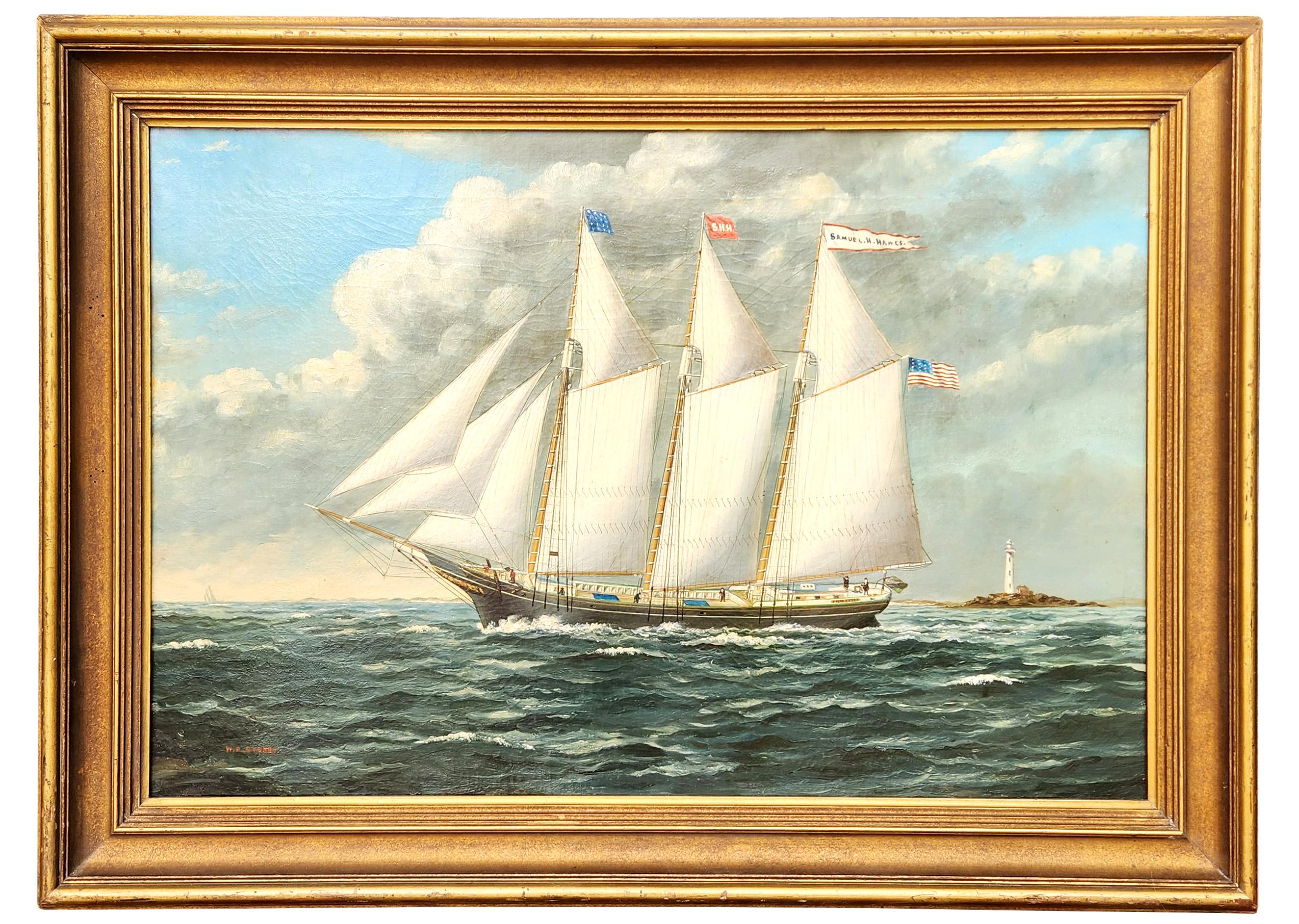 William Pierce Stubbs Landscape Painting - The Three Masted Schooner Samuel H. Hawes