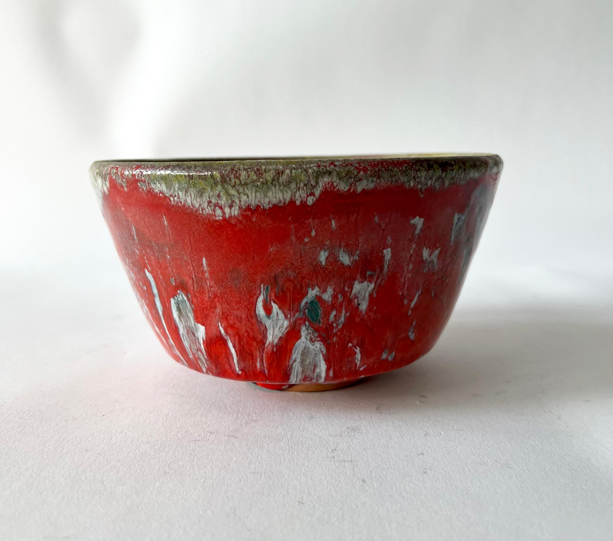 Colorful California studio pottery bowl created by William and Polia Pillin of Los Angeles, California. Bowl measures 3.5