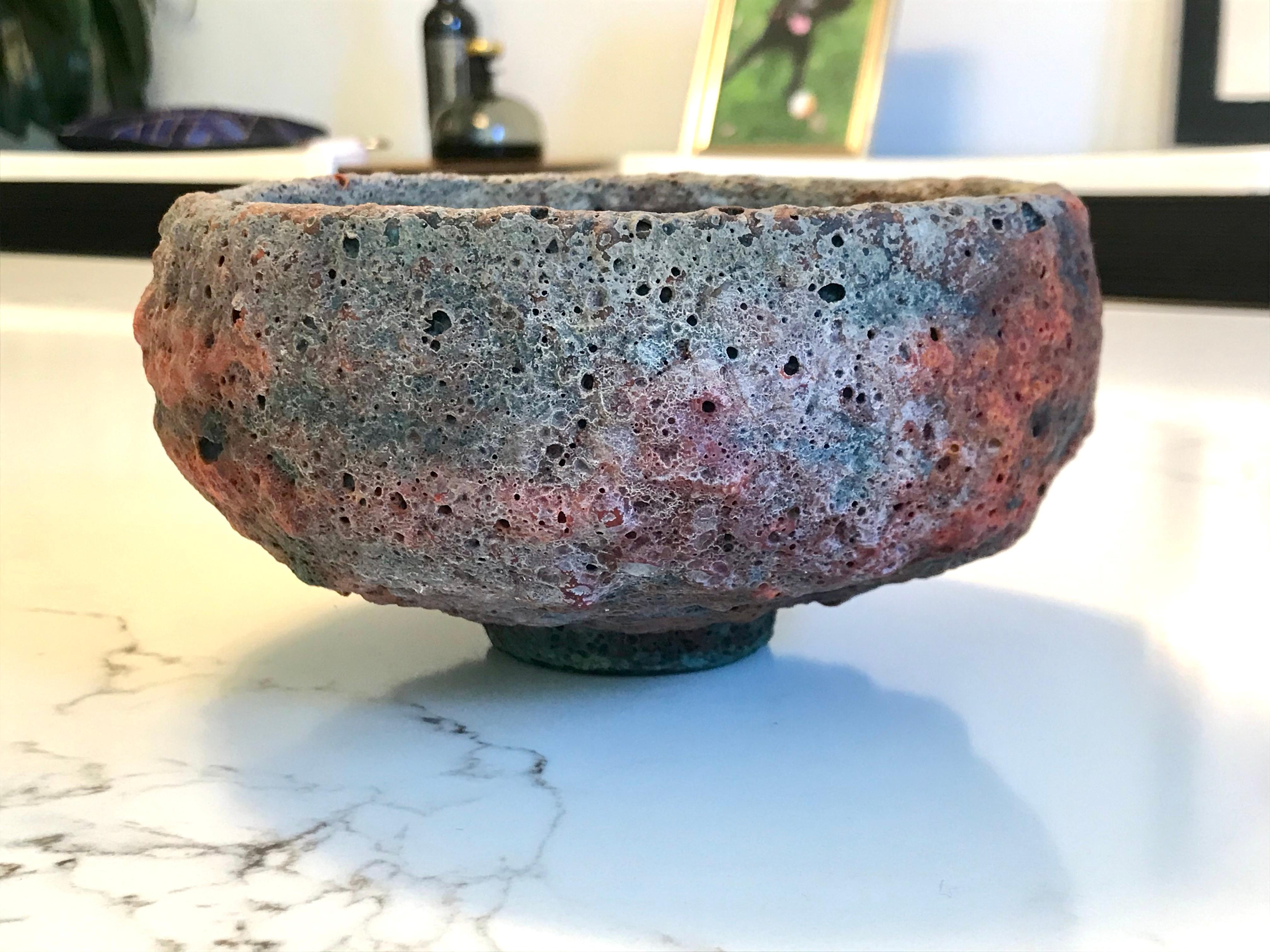 1948 - 1992
William + Polia Pillin were California potters 
He would throw the pots and she would paint them with decorative females, birds and horses
This is an unusual glaze executed by William
Wheel thrown clay with an amazing crater glaze