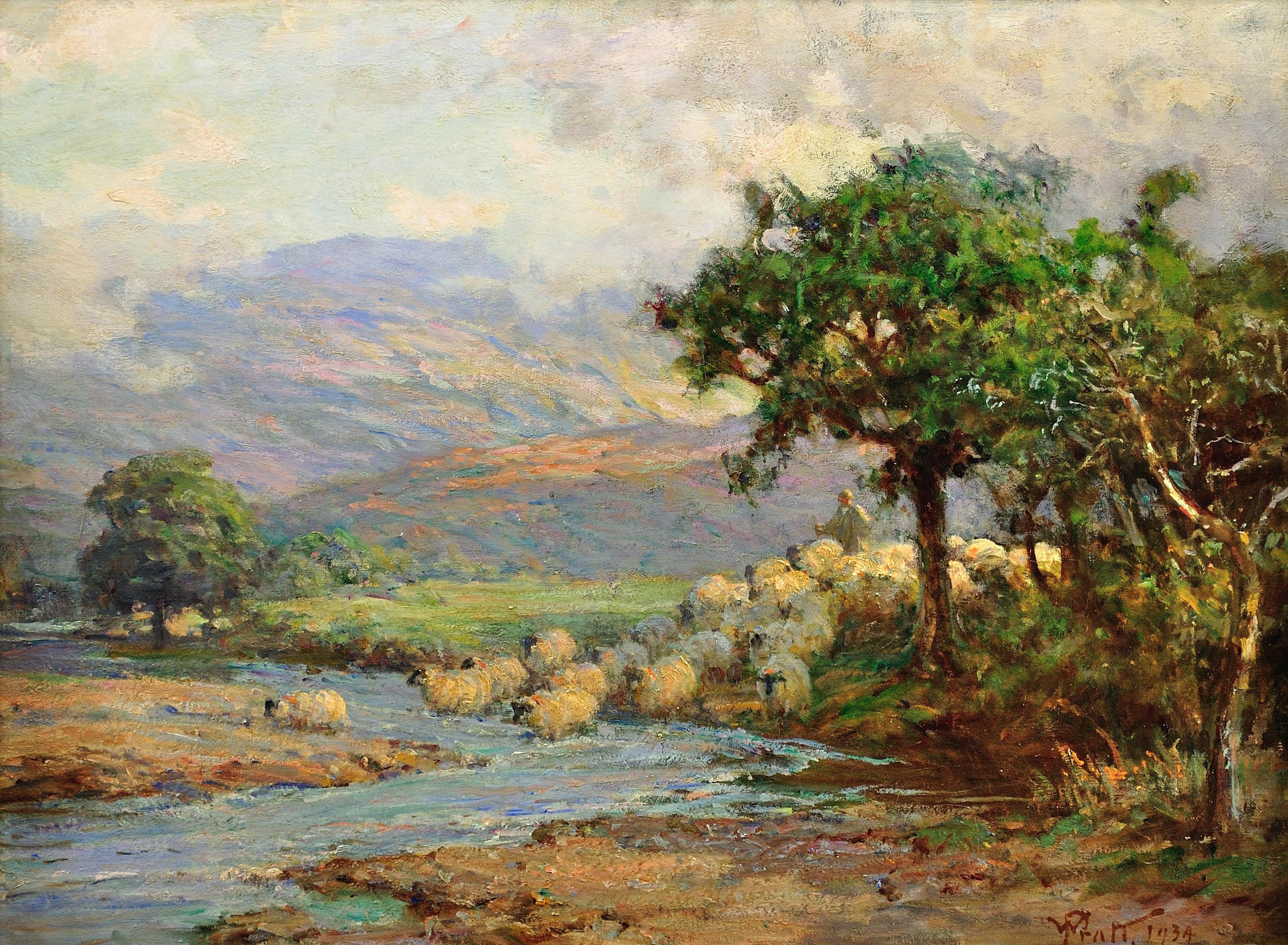 Driving Sheep Across the River, Scottish Lowlands.Glasgow Artist. Scotland 1934 - Painting by William Pratt