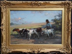 Antique Girl Droving Calves - Scottish Edwardian art portrait landscape oil painting cow