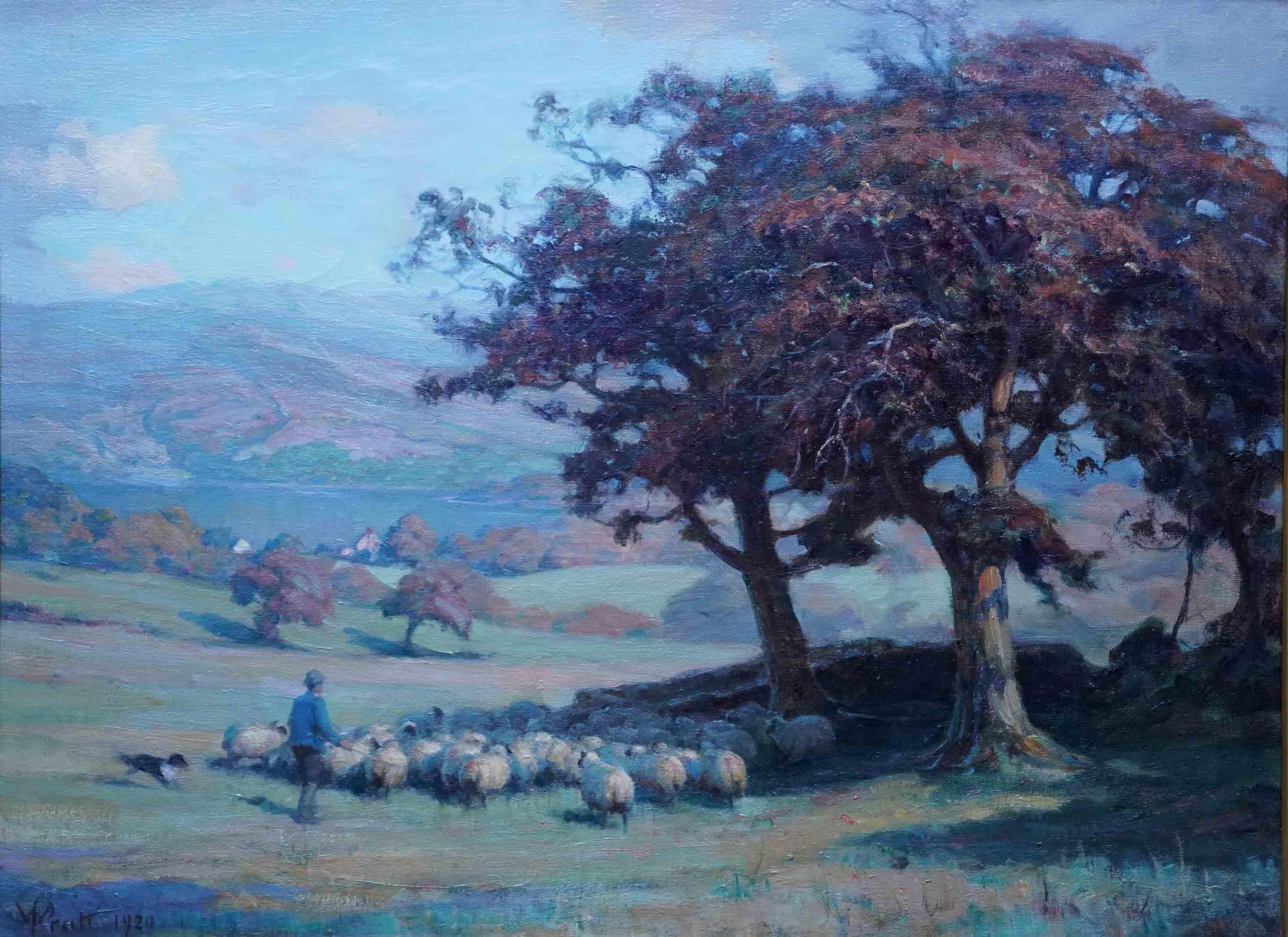 Landscape with Sheep - Scottish 1920 Impressionist art  landscape oil painting - Painting by William Pratt