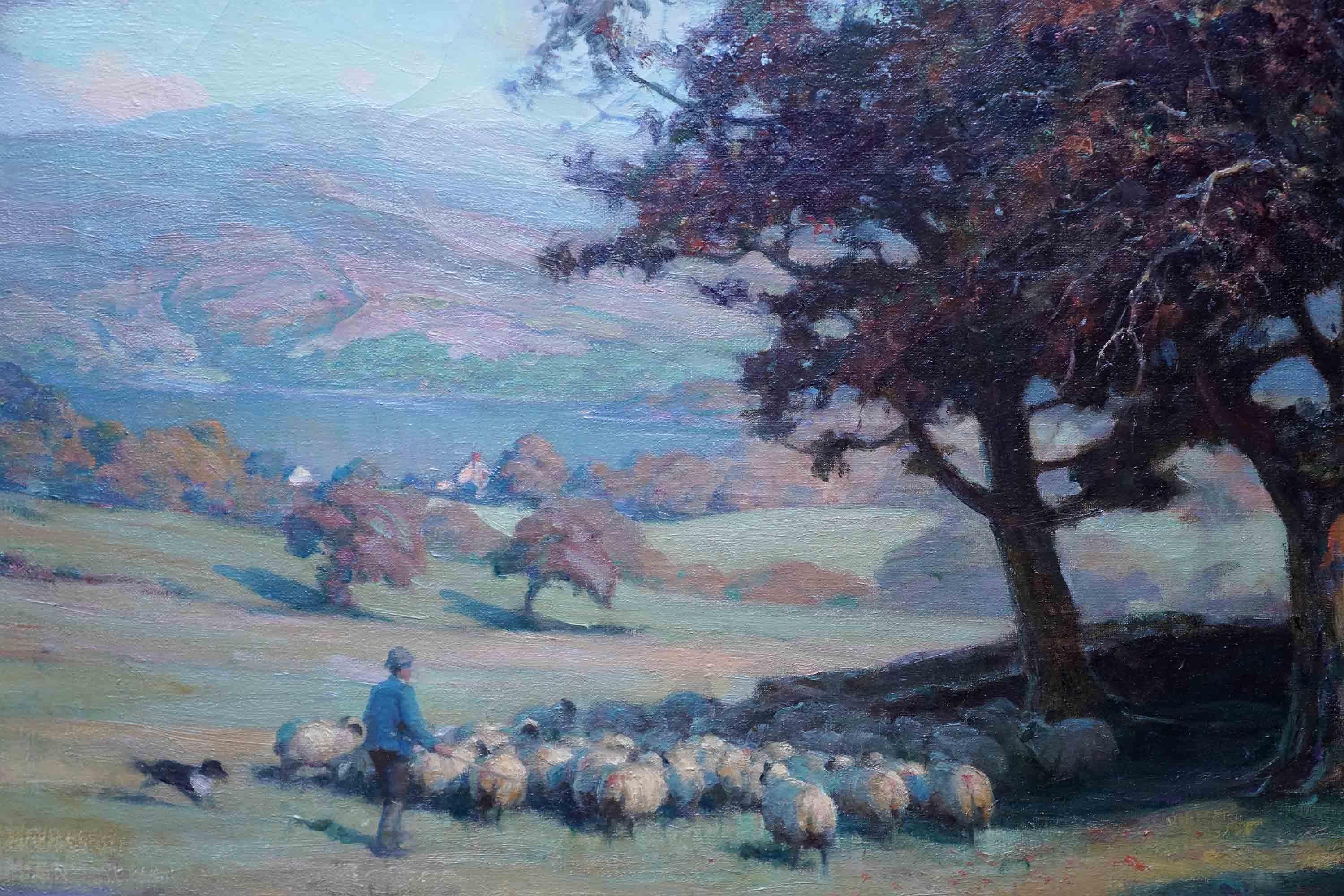 This gorgeous, vibrant  Scottish Impressionist landscape oil painting is by noted Glasgow artist William Pratt. Painted in 1920 the composition is sheep, shepherd and sheepdog in the foreground under copper beech trees. The land then slopes