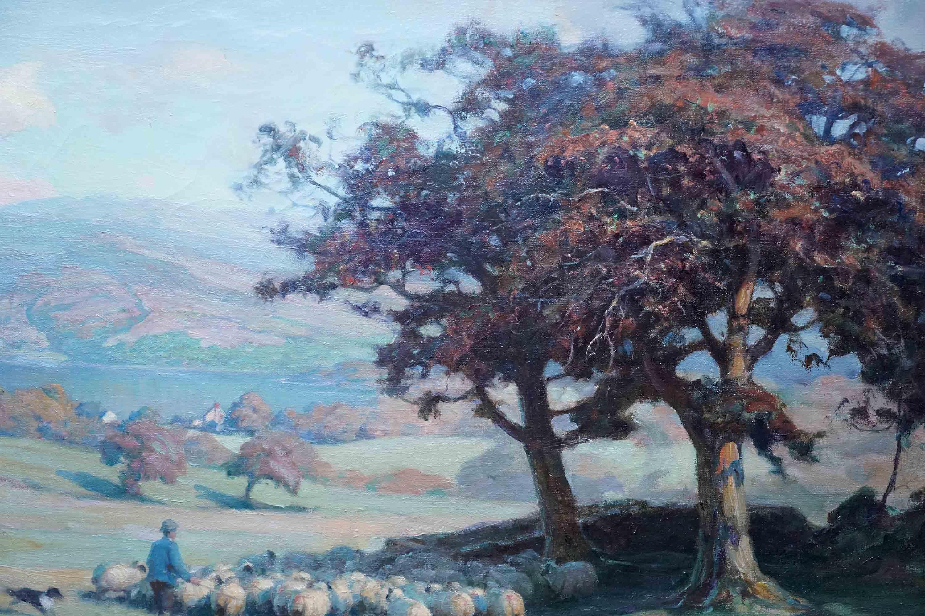 Landscape with Sheep - Scottish 1920 Impressionist art  landscape oil painting For Sale 1