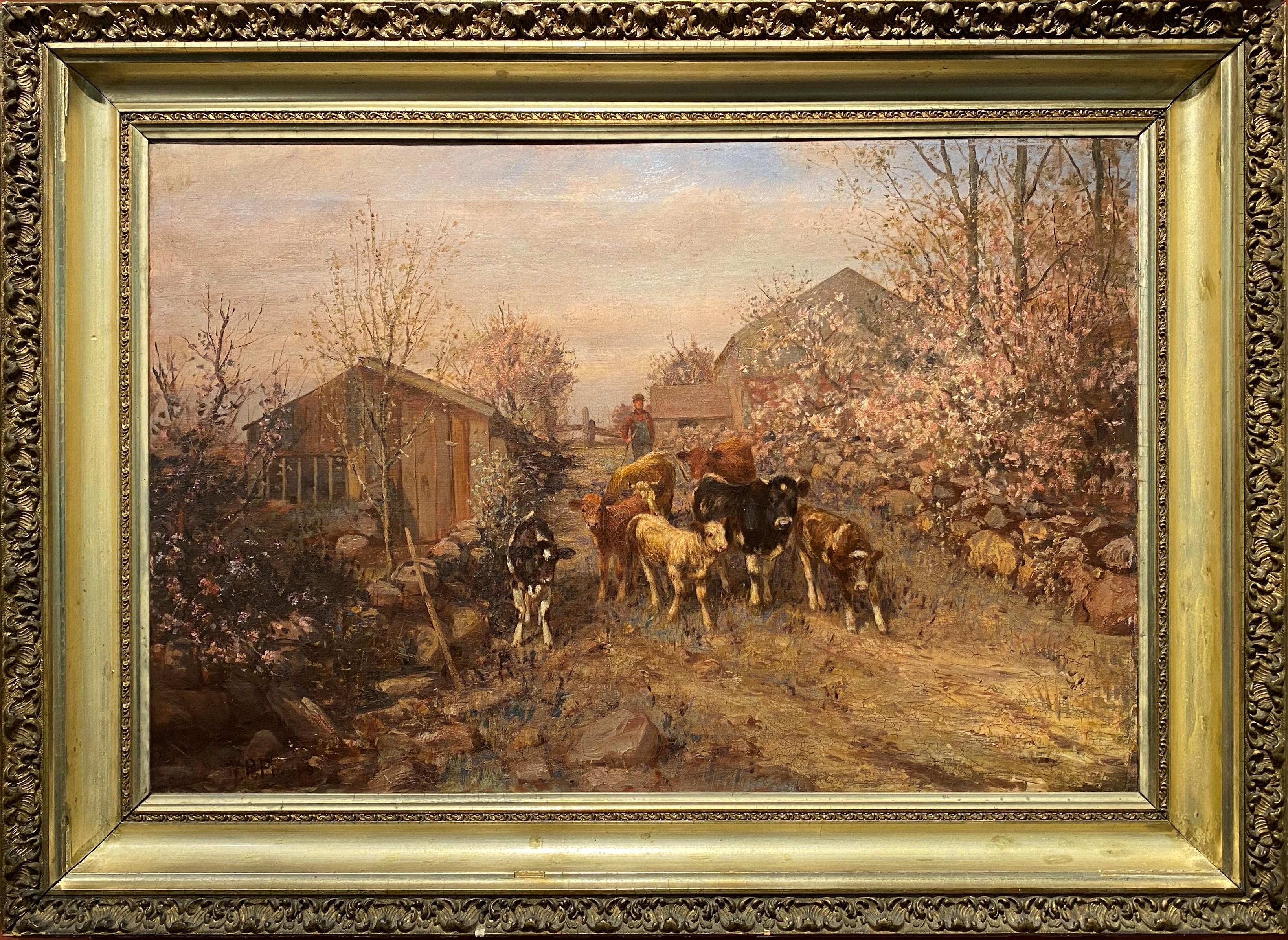 William Preston Phelps Landscape Painting - A Farmer With His Cows