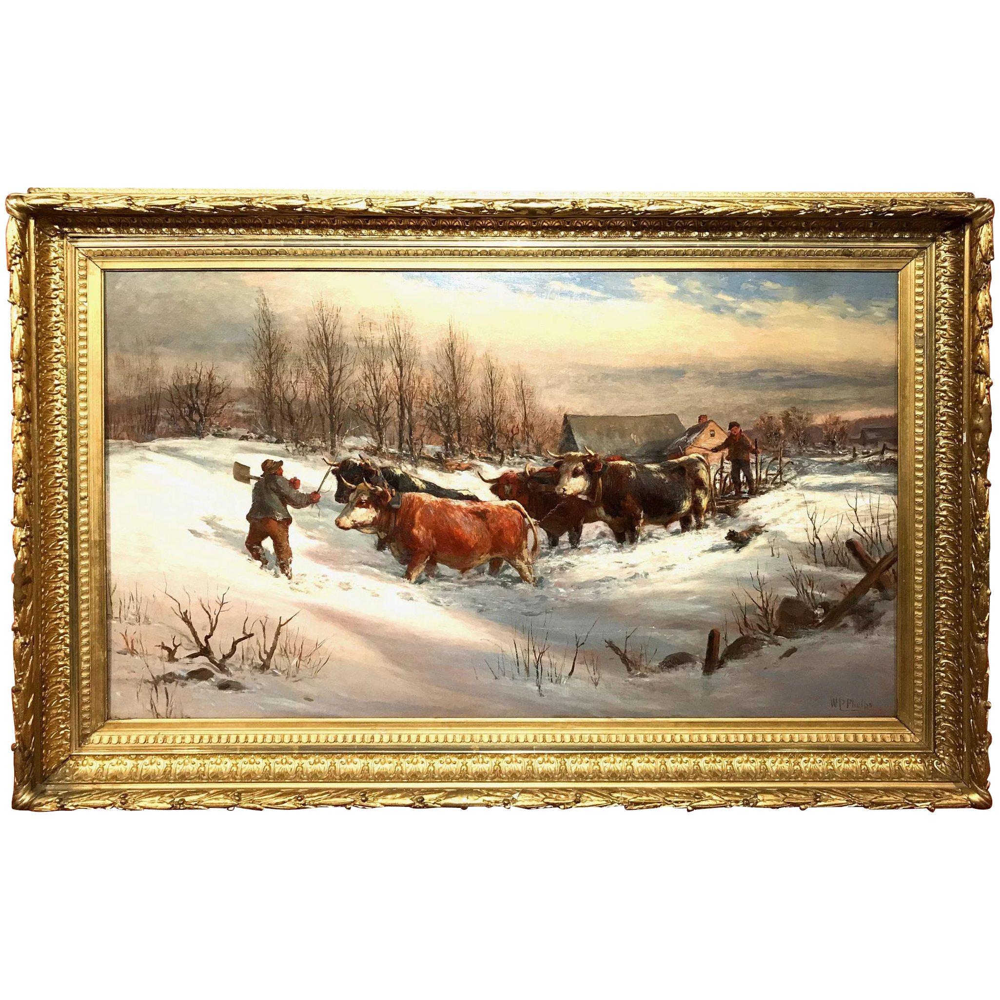 William Preston Phelps Landscape Painting - Driving Cattle Through The Snow