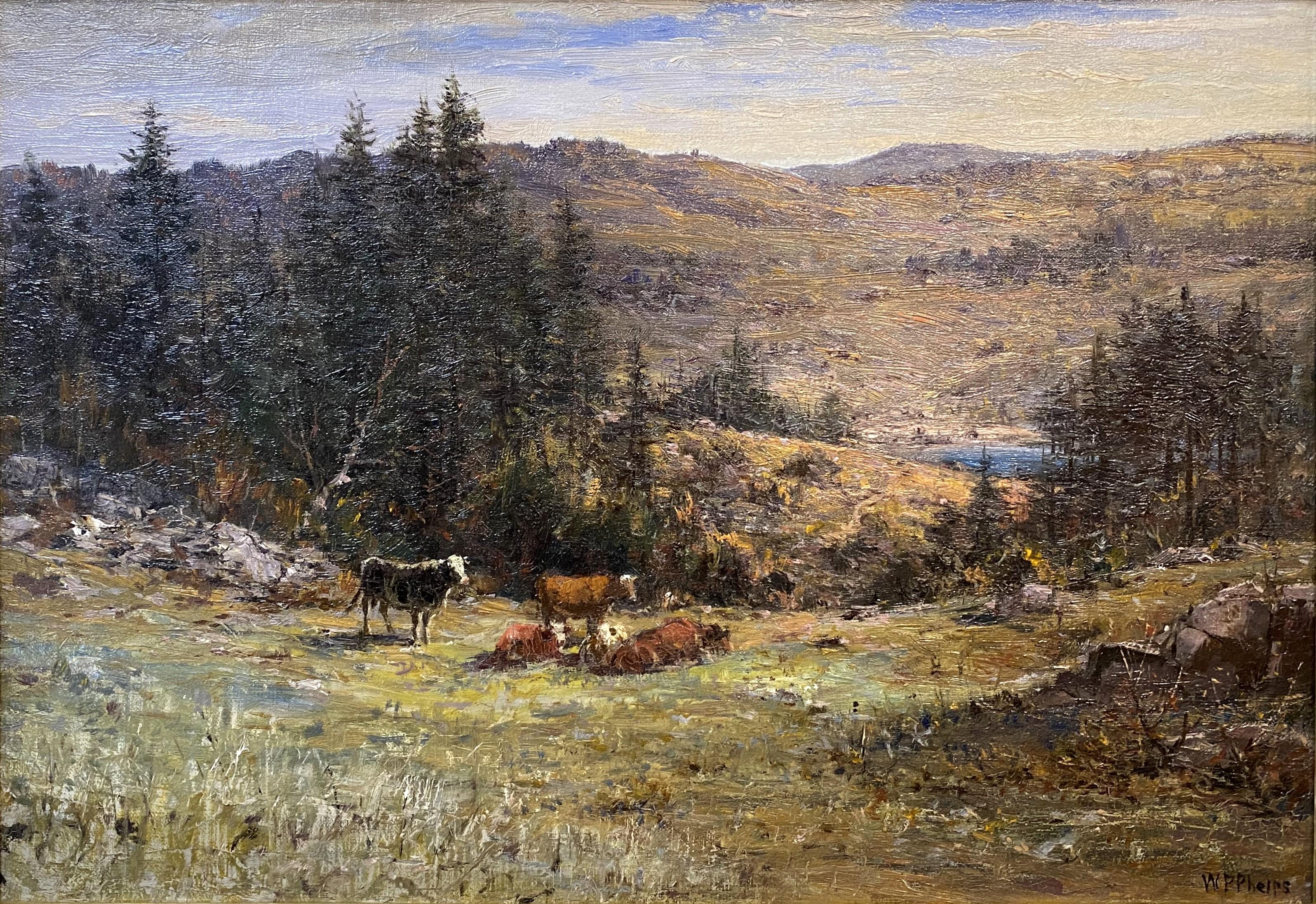 Landscape with Cows, Probably Mount Monadnock NH - Painting by William Preston Phelps