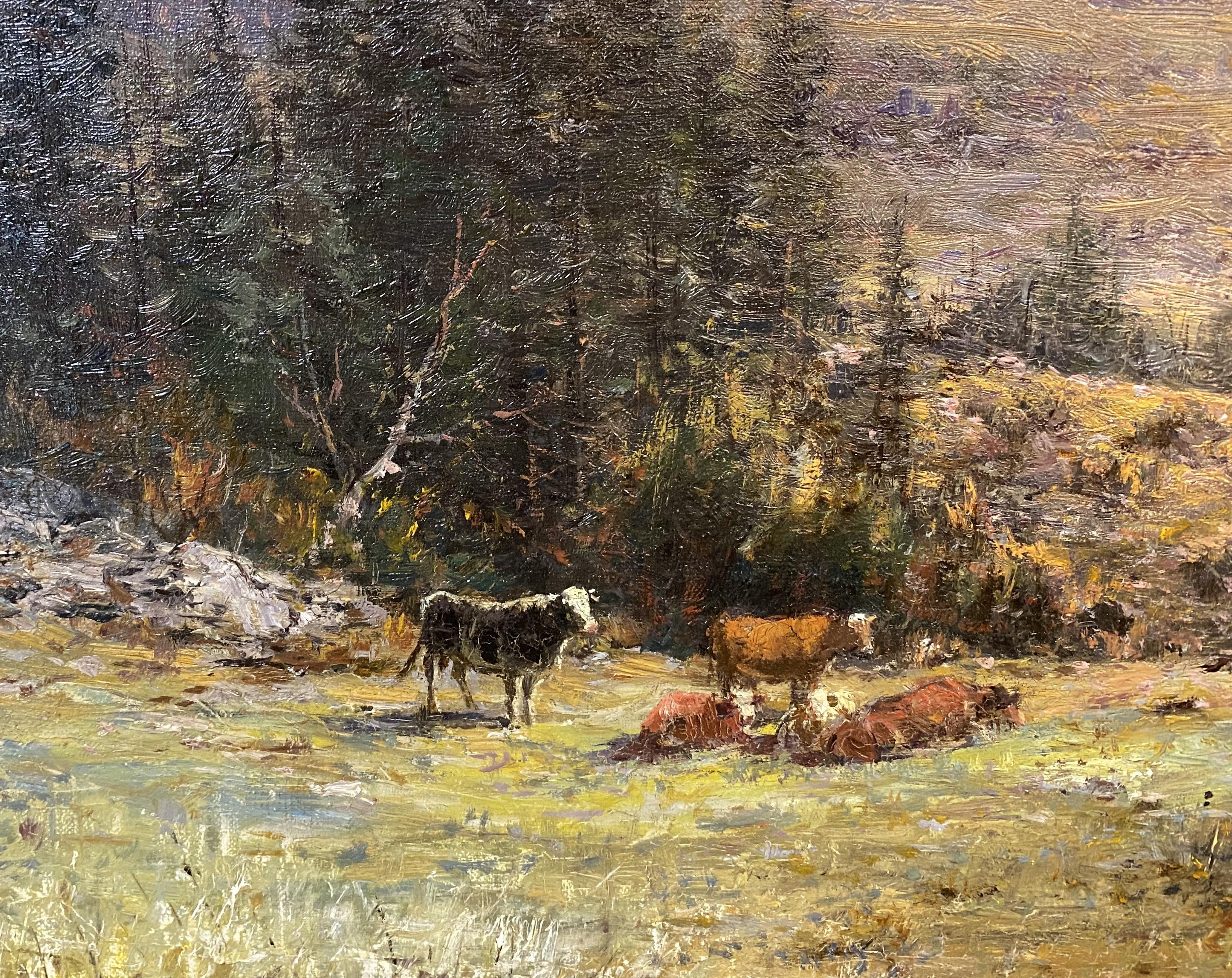 Landscape with Cows, Probably Mount Monadnock NH - American Impressionist Painting by William Preston Phelps