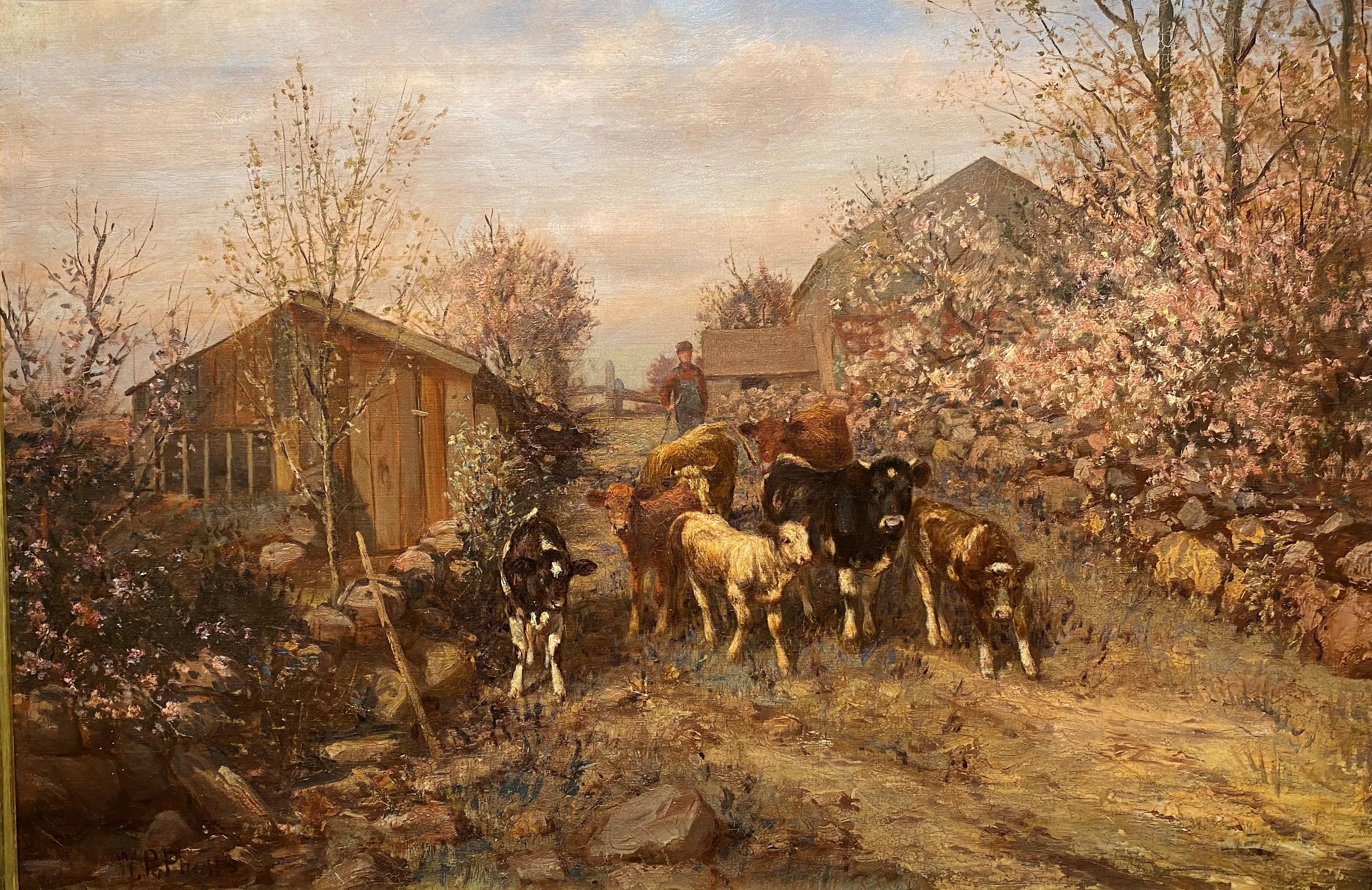 Landscape with Farmer & Cows - Painting by William Preston Phelps