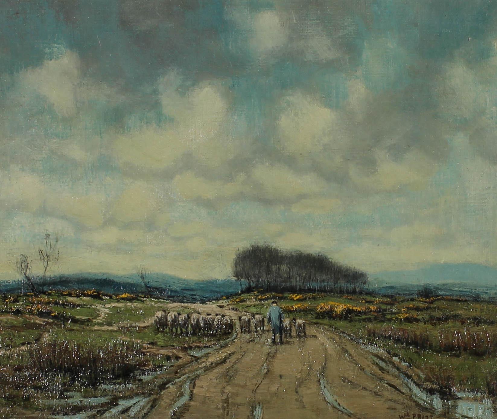 William Pritt (1870-1944) - Olio dei primi del Novecento incorniciato, Pastore del suo gregge 1