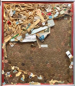 Assemblage Collage Painting/Sculpture with Pennies and Scrap Civil Rights Artist