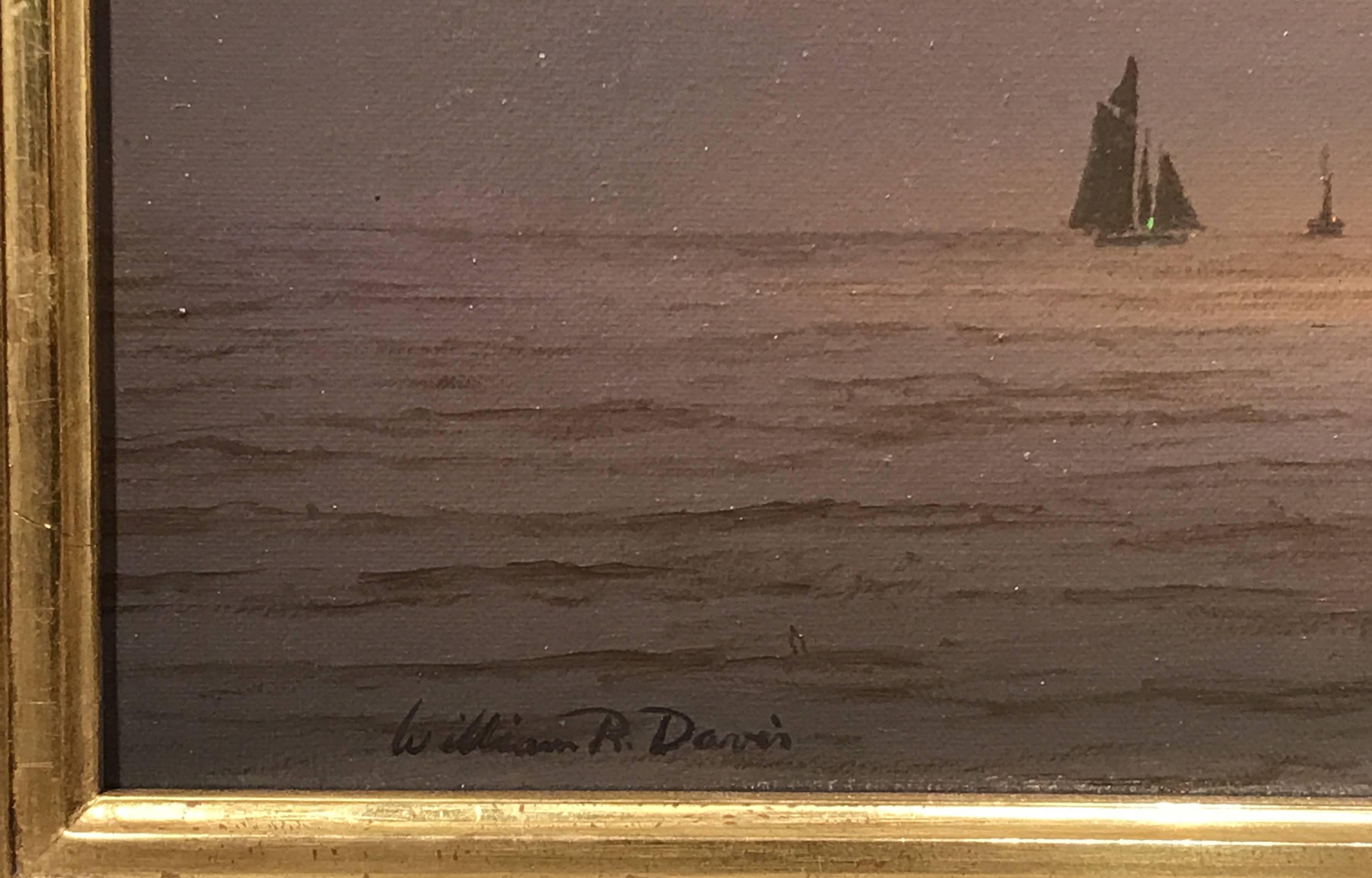 This spectacular luminist marine oil painting of a ship at sunset off the coast of Fairhaven, Massachusetts was painted by American artist William R. Davis (1952-). Davis was born in Somerville, Massachusetts, grew up in Hyannis Port, MA and became
