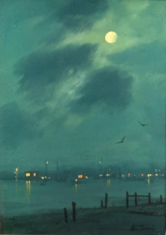 Artiste autodidacte, William R. Davis, petite peinture à l'huile Harbor Lights