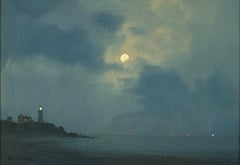 Vintage William R. Davis Small Oil Painting "Moonlight on the Coast"
