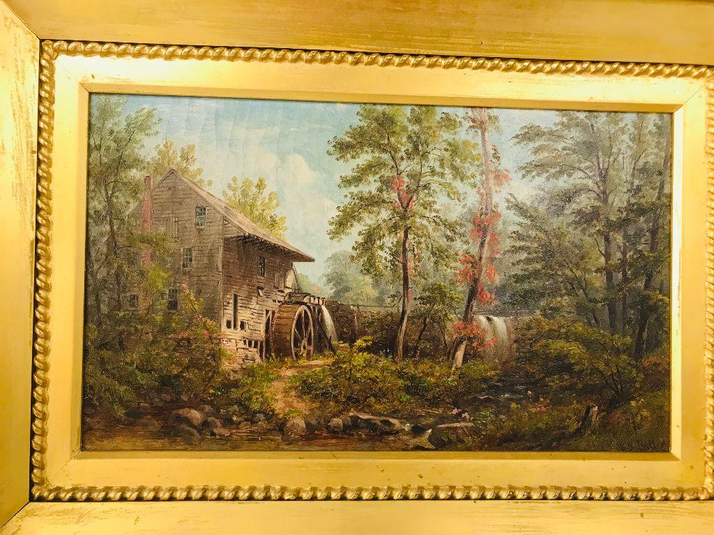 Charming oil painting on canvas by well listed artist William Rickarby
Miller (1818-1893) depicting a grist mill nestled among the trees. Label on the back is faded but I believe it reads Original sketch, Britton's Mill, Staten Island, Mr. W