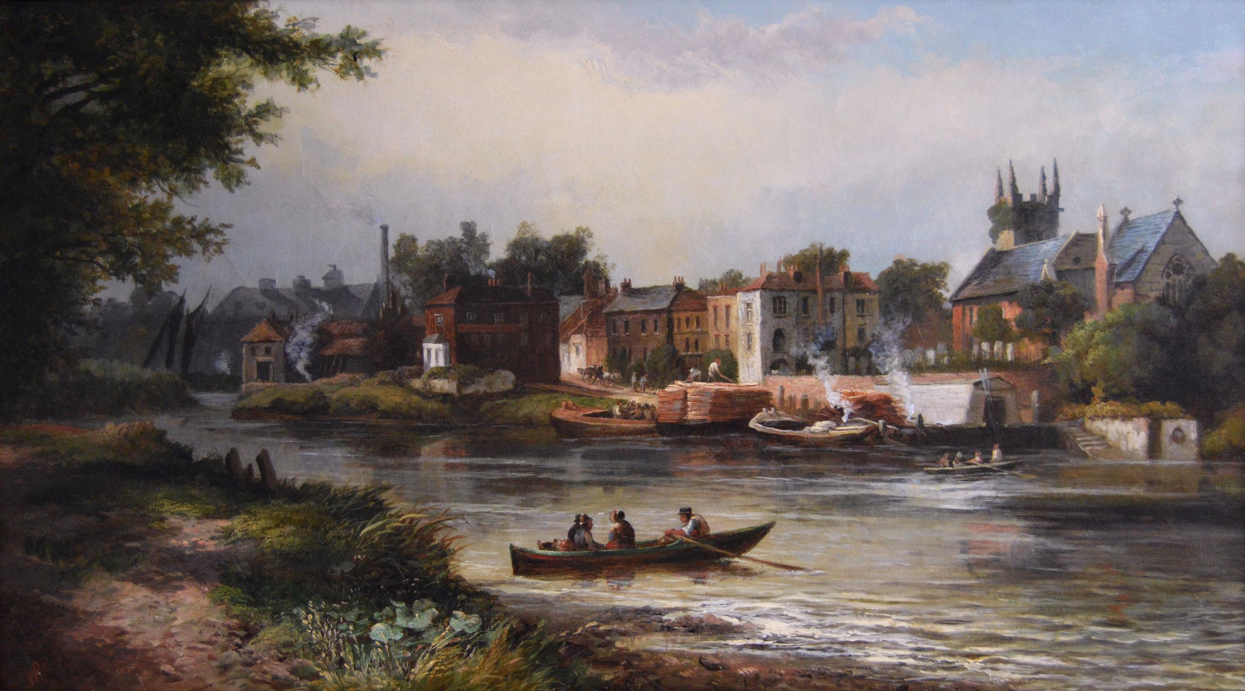 19th Century landscape oil painting of the River Thames  - Painting by William R Stone