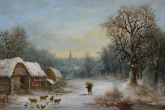 19th Century winter landscape oil painting of a Worcestershire farm