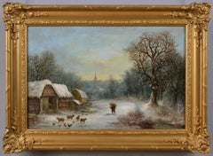 19th Century winter landscape oil painting of a Worcestershire farm