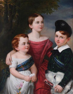 'A Family Group with a Pet Dog'. Antique painting on canvas