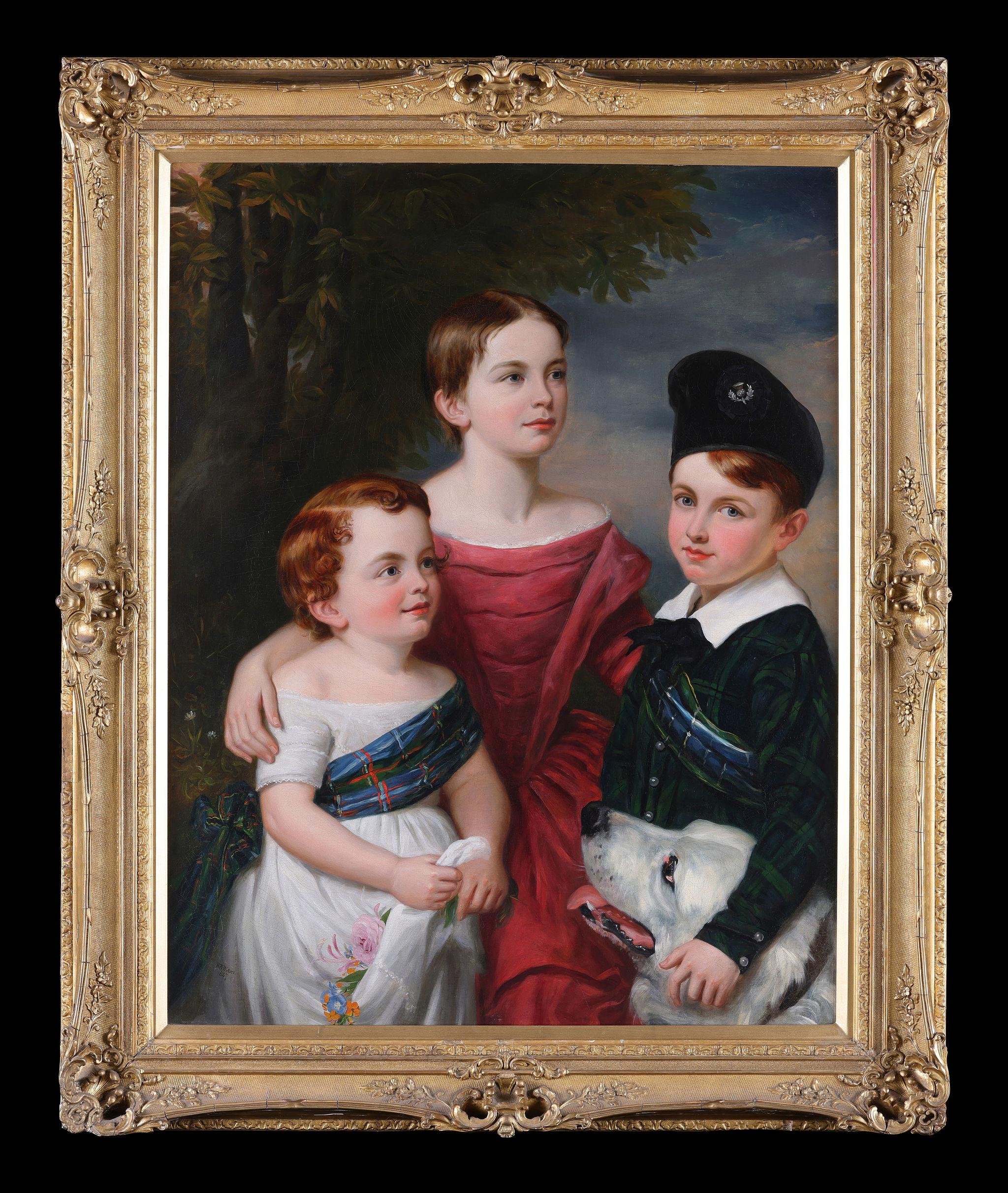 Portrait Painting William R Waters - Un groupe familial avec un chien de compagnie". Peinture ancienne sur toile