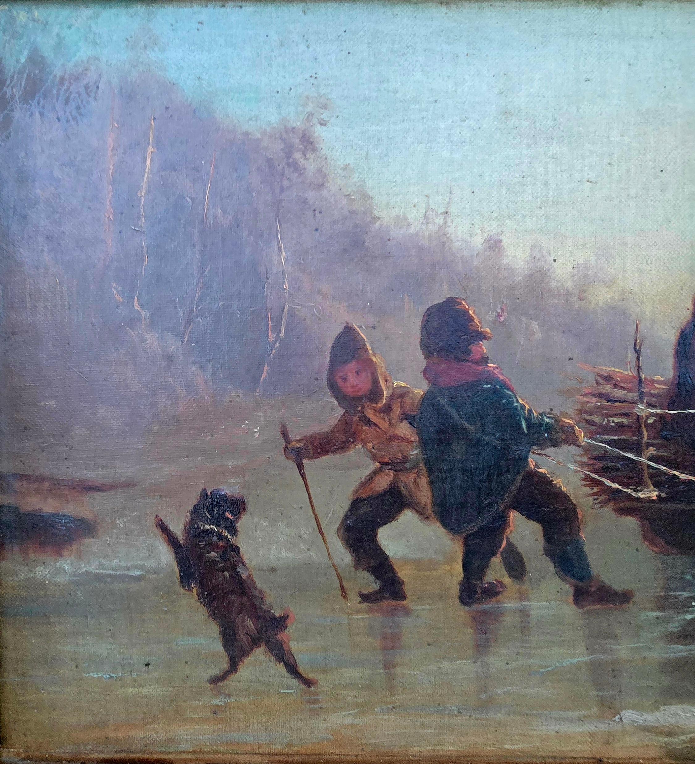 Retour à la maison avec chien et fardeau - Noir Landscape Painting par William Raphael