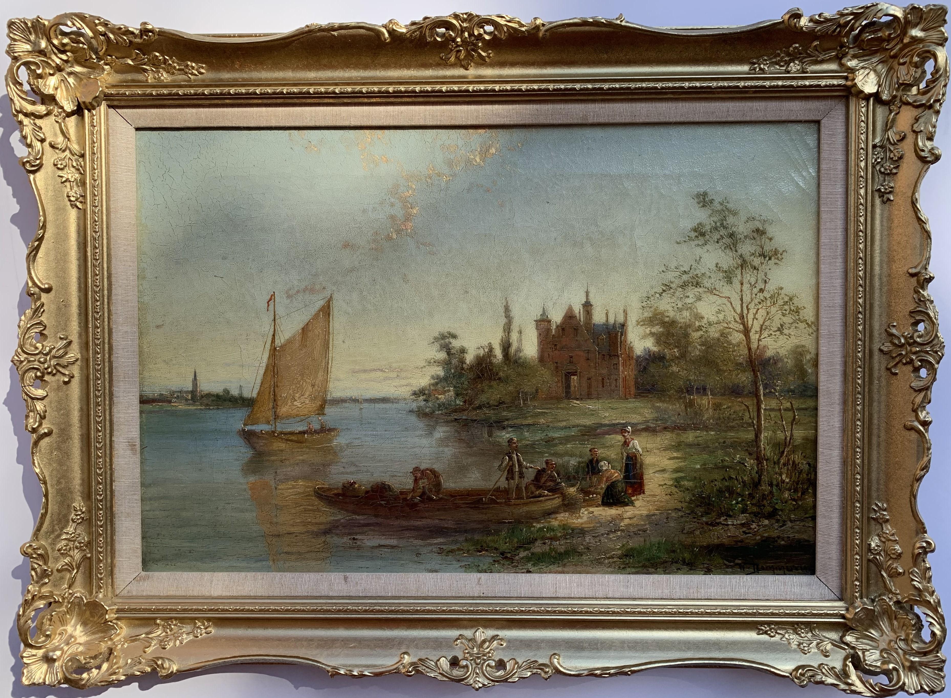 Up for sale is a fantastic antique original oil painting on canvas depicting a seascape -  Coastal Landscape with Sailboats and fishermen. 

Signed in a lower-right corner by Famous Listed British-Dutch Artist William Raymond Dommersen (Dutch,