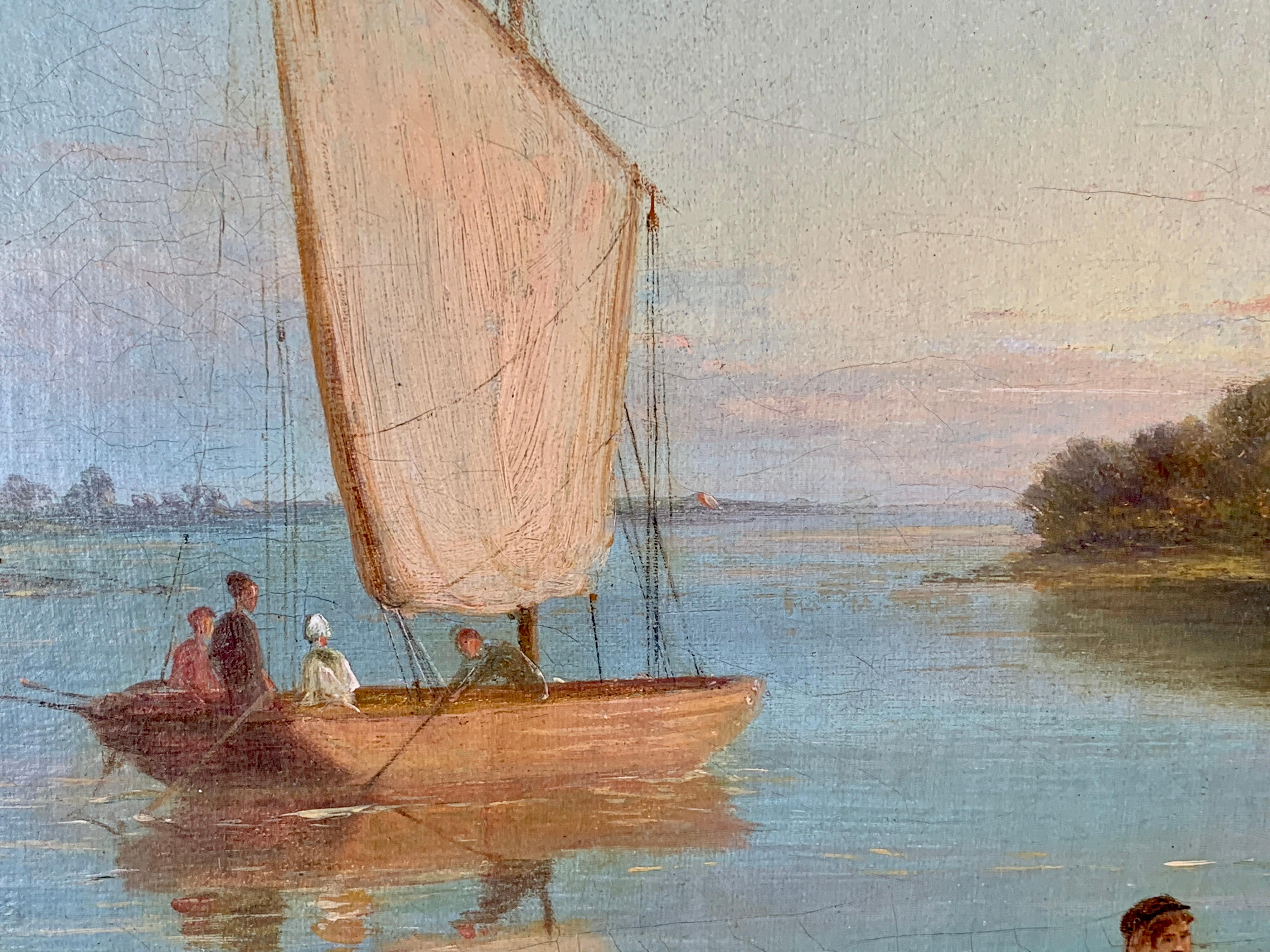 19th century Dutch figures by boats on a canal or river in a Summer landscape - Painting by Dommersen, William Raymond