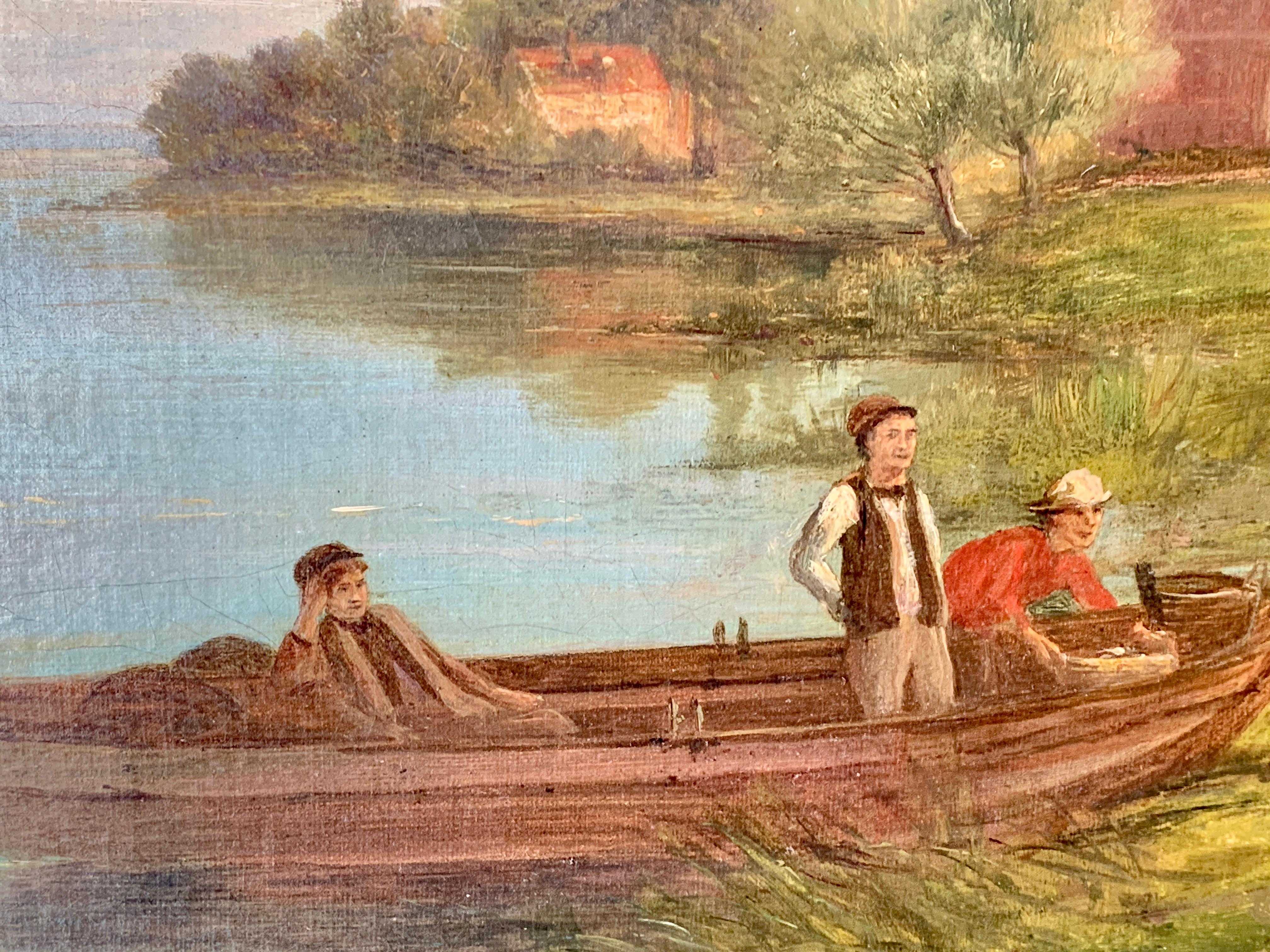 19th century Dutch figures by boats on a canal or river in a Summer landscape - Victorian Painting by Dommersen, William Raymond