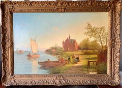 19th century Dutch figures by boats on a canal or river in a Summer landscape